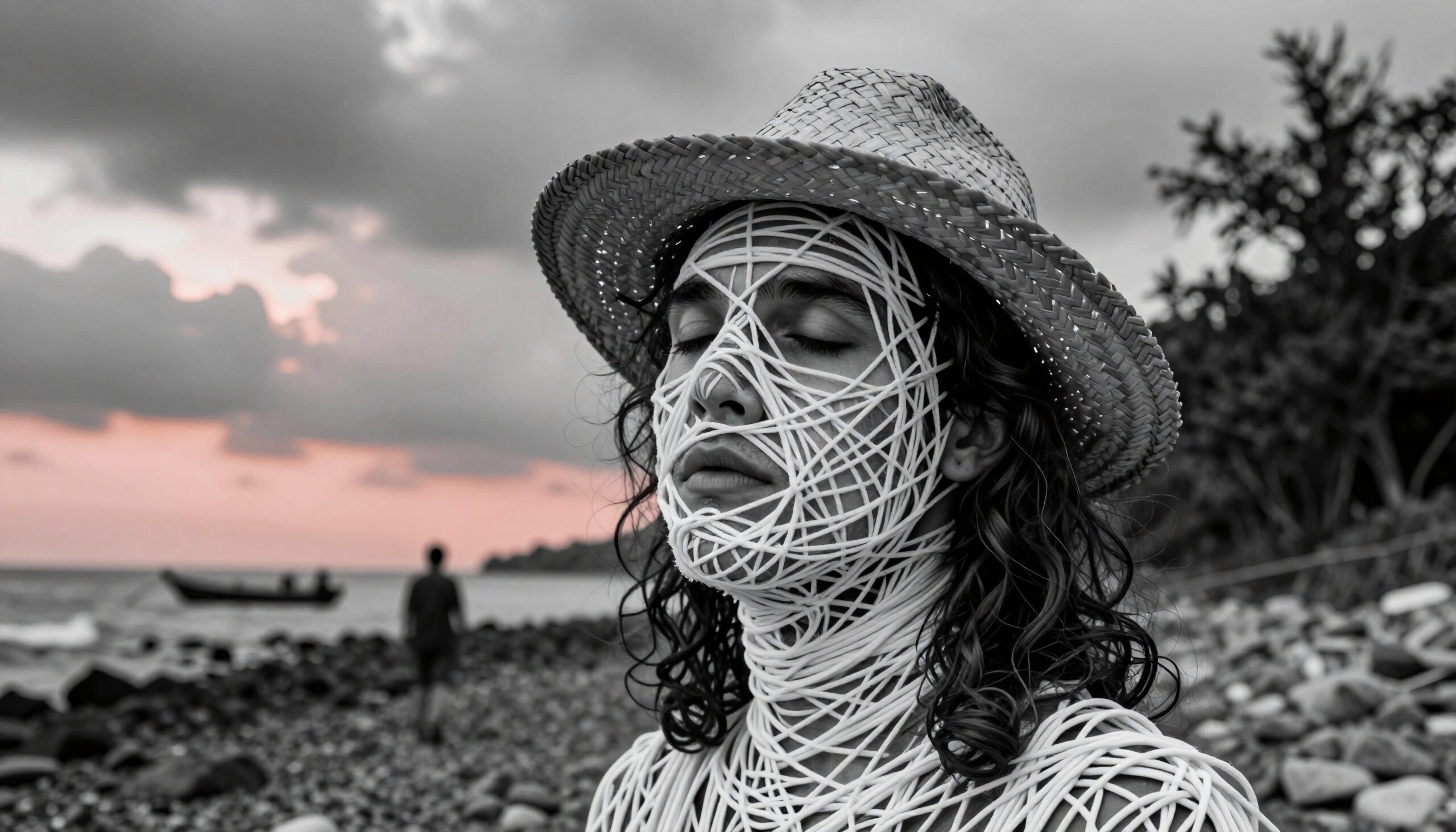 A person wrapped in string on a beach at sunset.