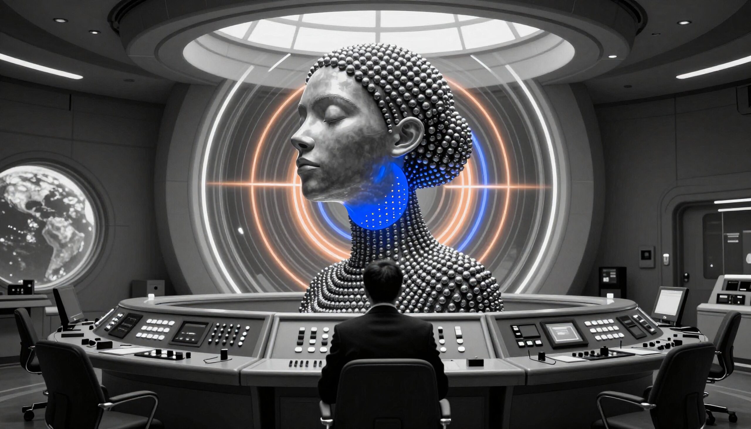 Futuristic control room with spherical sculpture centerpiece.