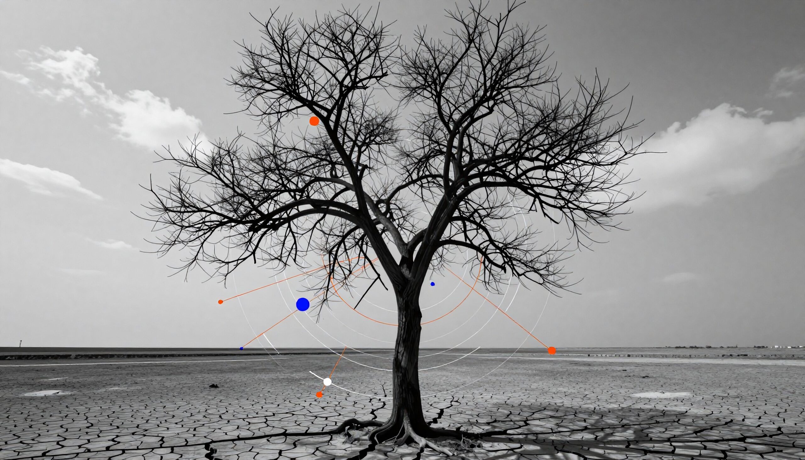 A solitary barren tree stands in a cracked desert landscape, overlaid with vibrant geometric shapes and lines, showcasing a striking contrast.