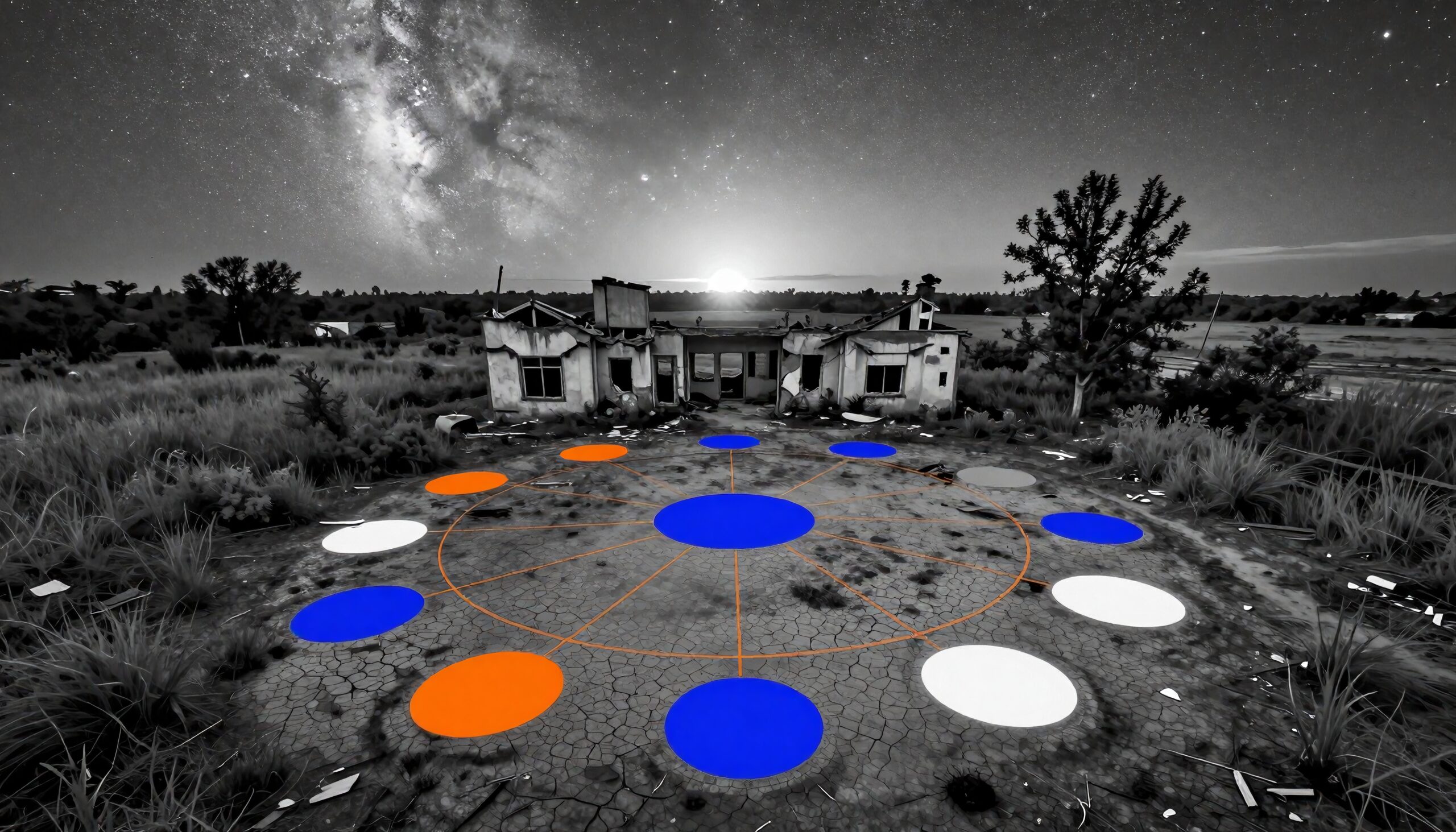 A colorful geometric pattern contrasts against a starry night sky and decaying building.