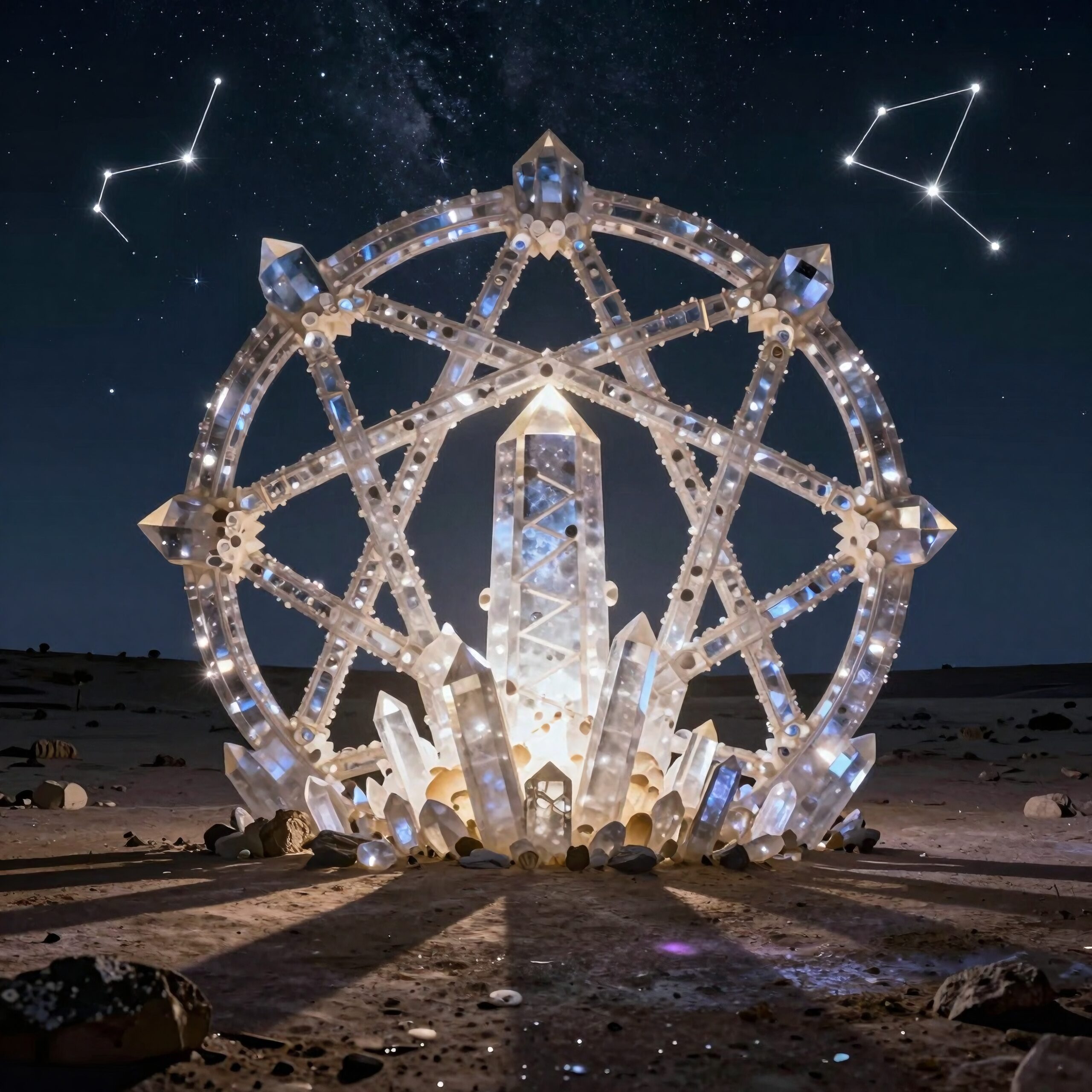 "Intricate luminous crystal structure set under a starlit sky."