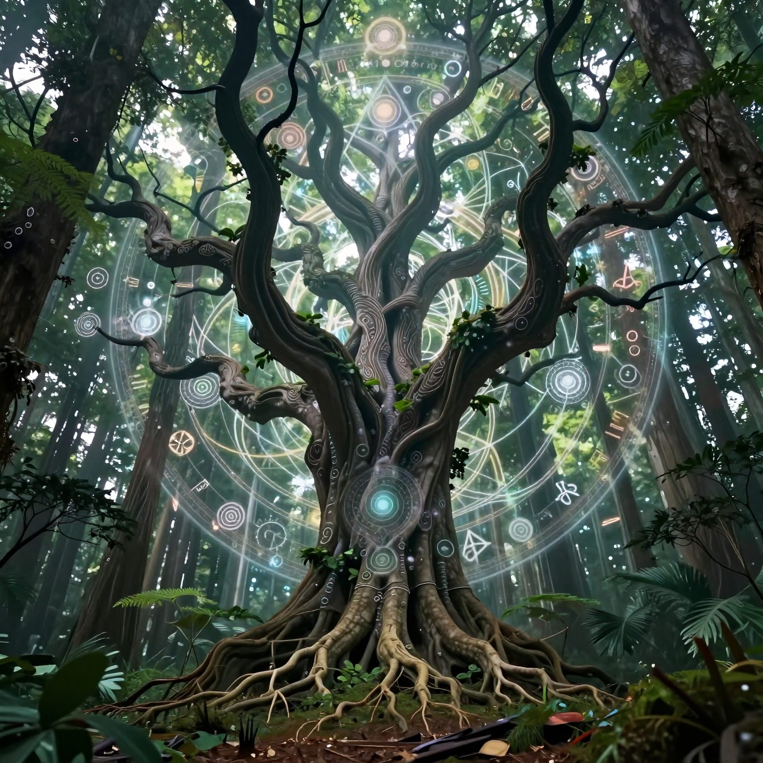 A mystical tree surrounded by glowing symbols in a lush forest.