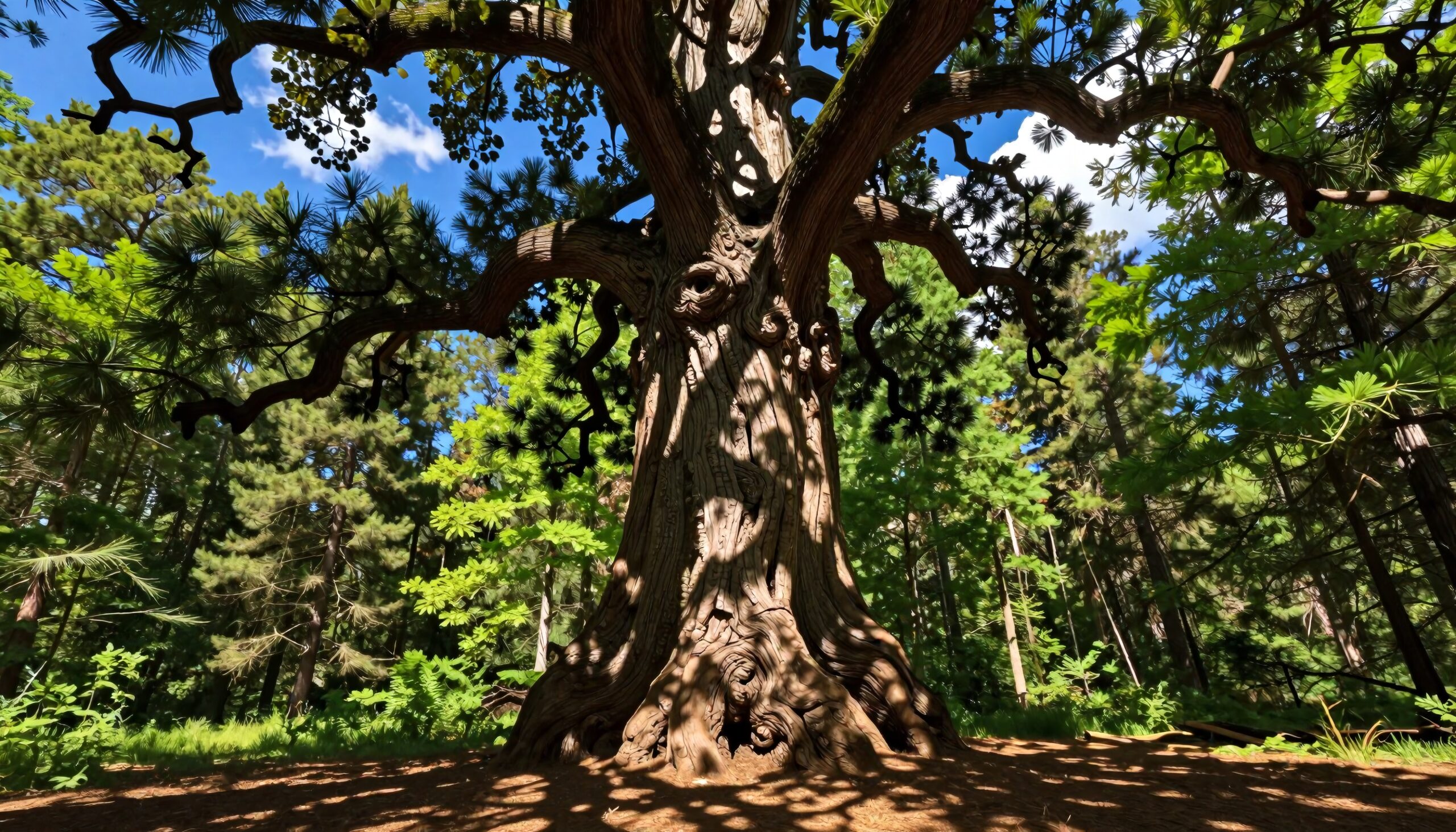 A massive tree with twisted branches set in a sunlit forest.