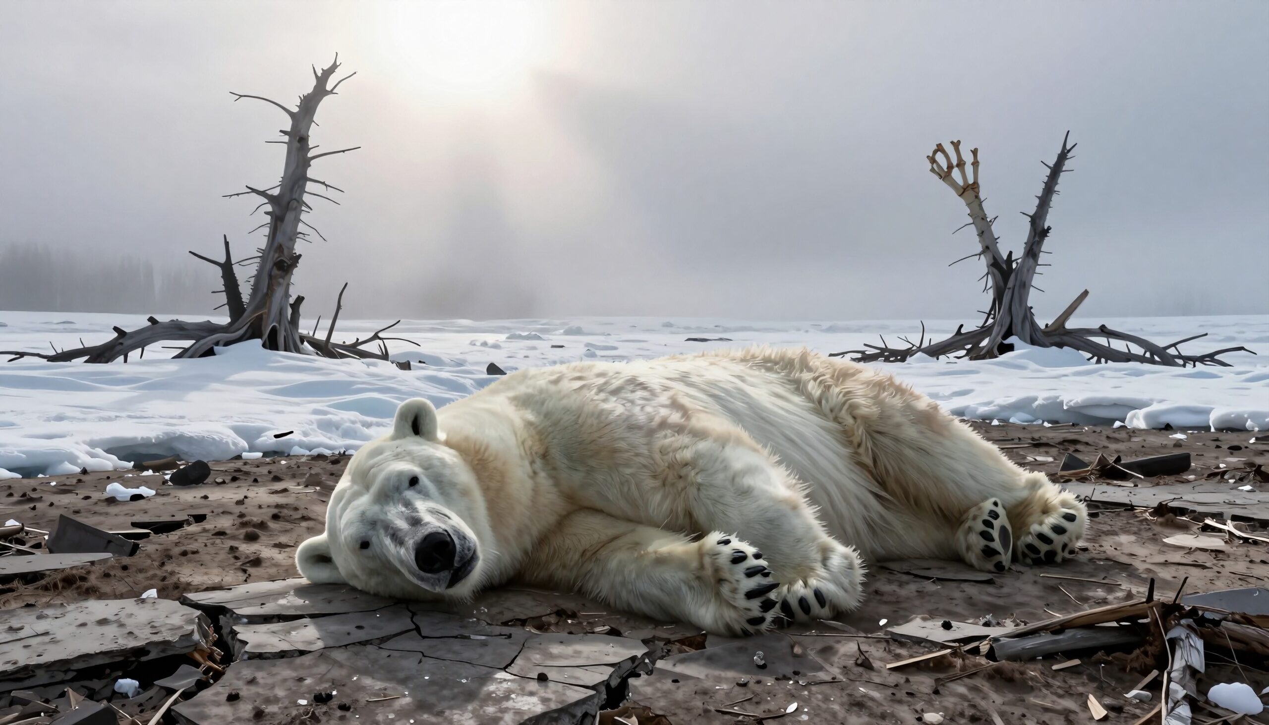 Polar bear resting on icy ground amidst snowy landscape with sunlight filtering through misty sky.