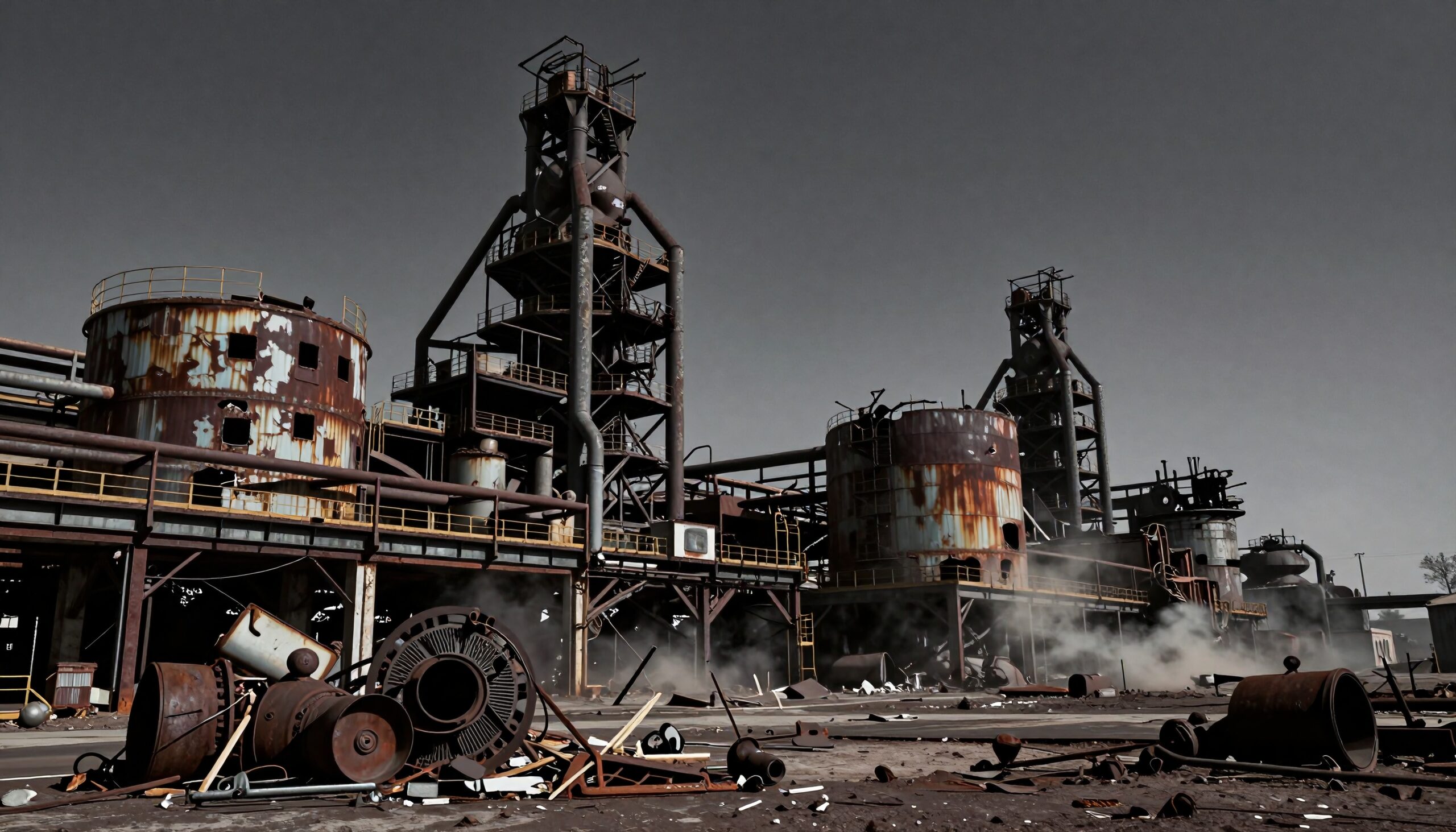 Abandoned industrial site with rusting metal structures and scattered debris.