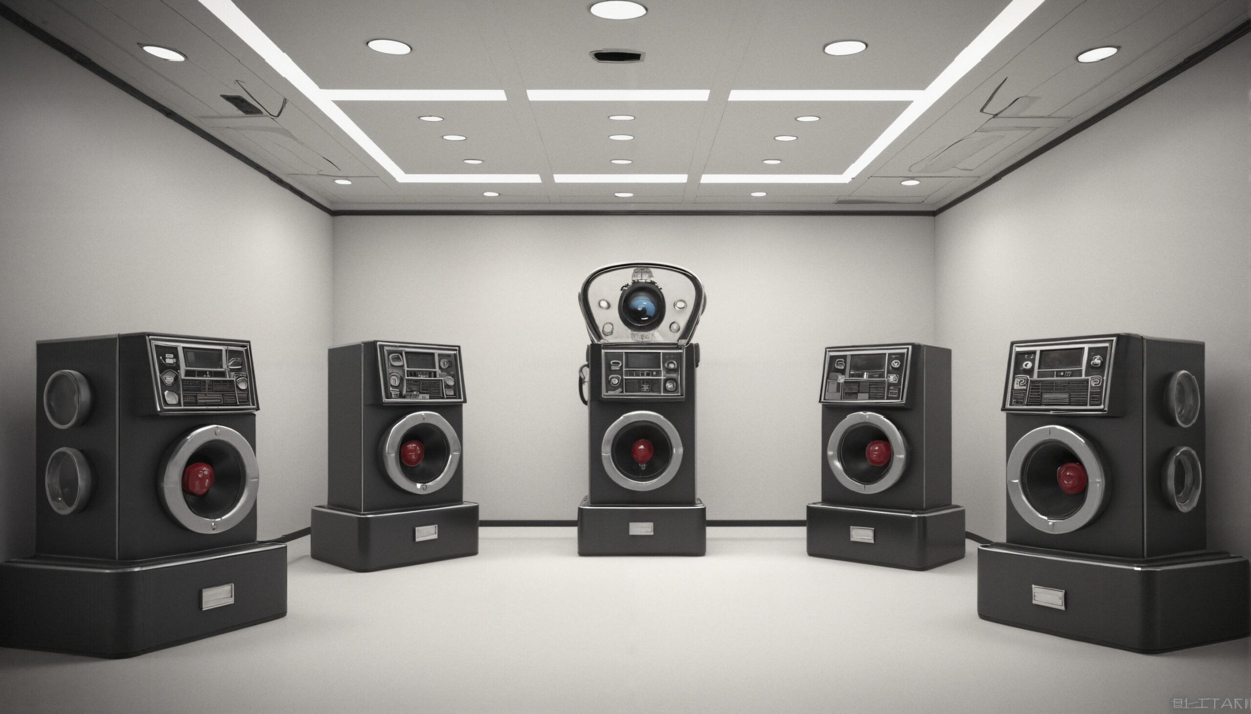 Futuristic room with retro-styled speakers and robotic centerpiece.