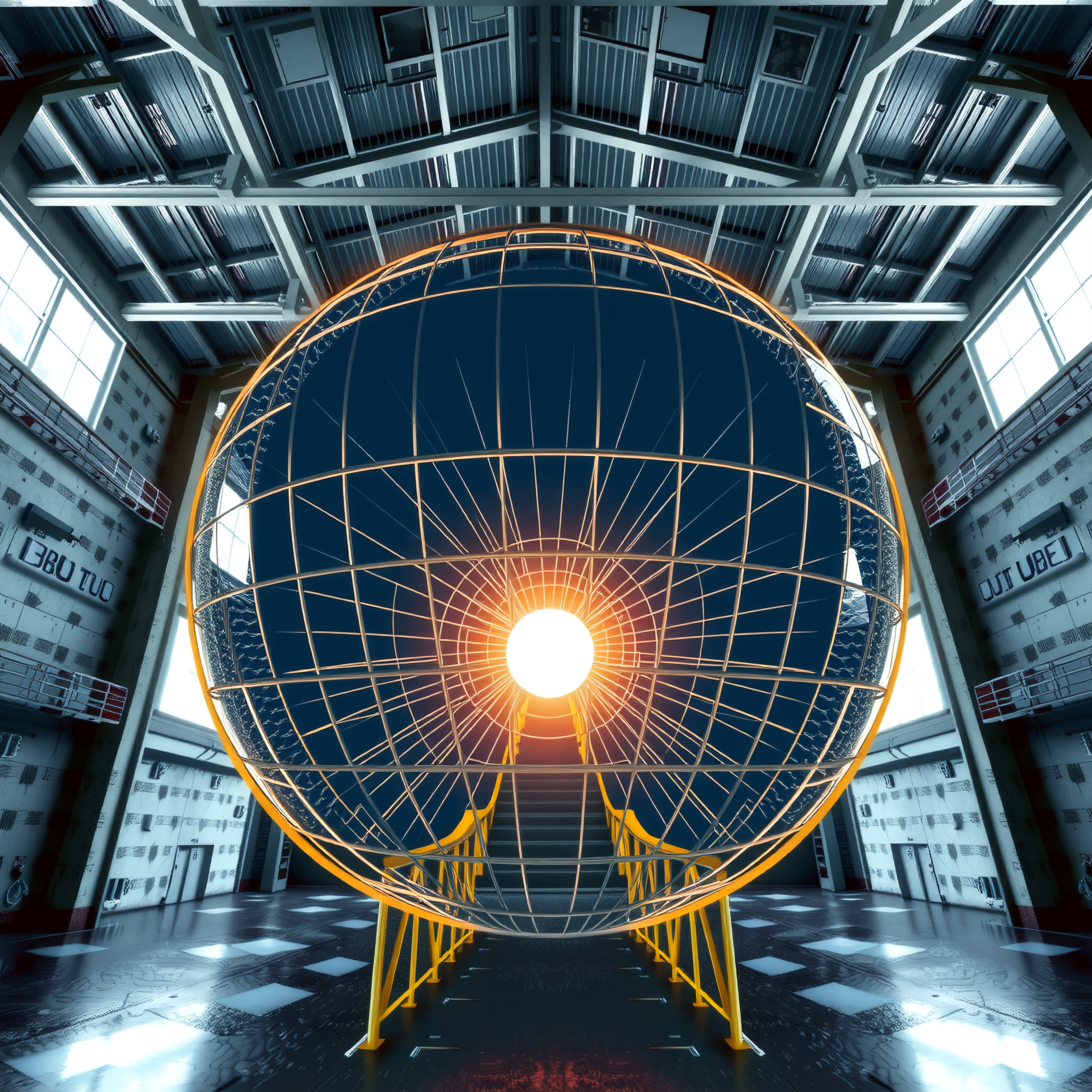 A glowing spherical structure in an industrial setting, showcasing intricate wireframe design, large windows, and futuristic ambiance.
