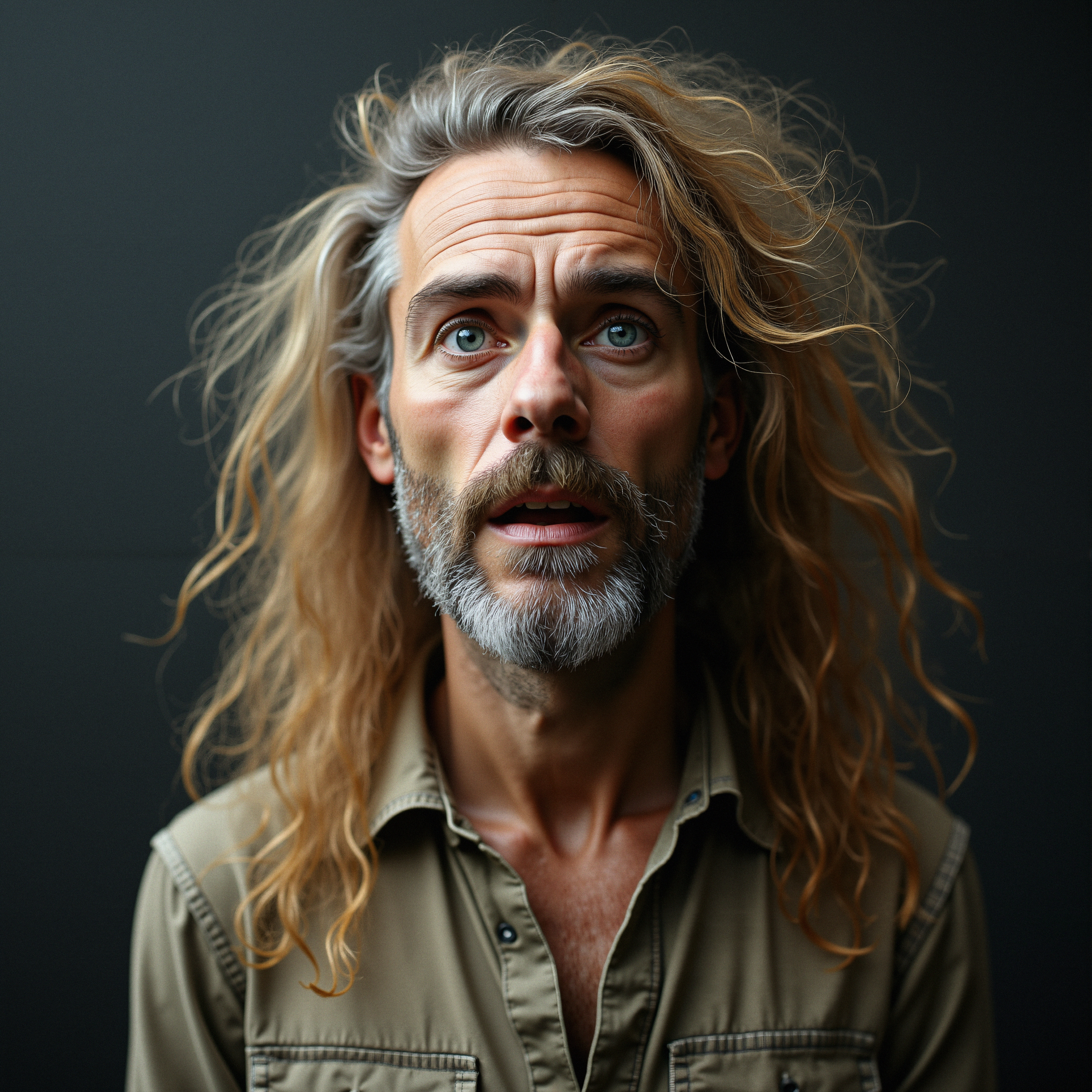 Surprised man with flowing hair
