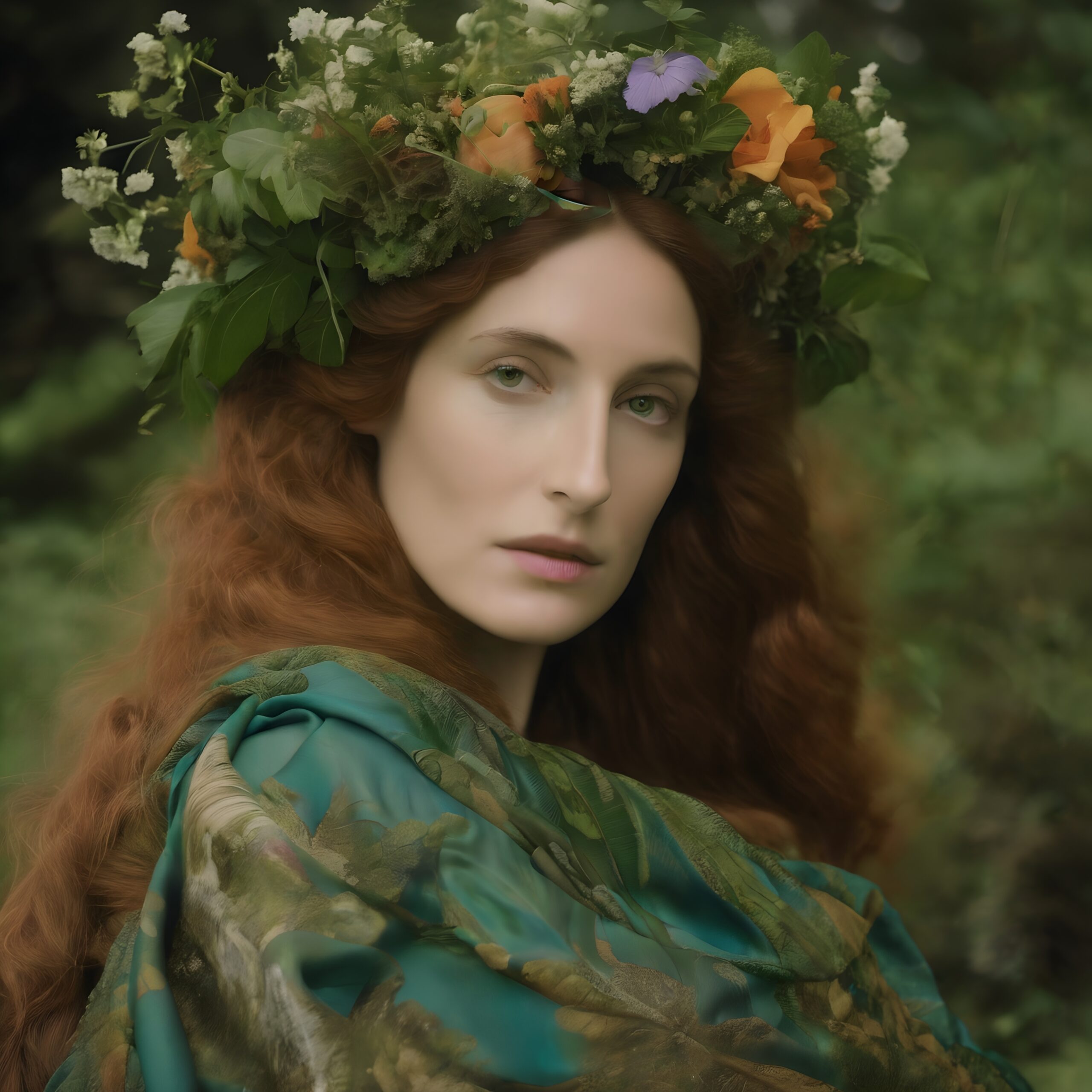 A woman with auburn hair and floral crown amidst lush greenery and ambient light.