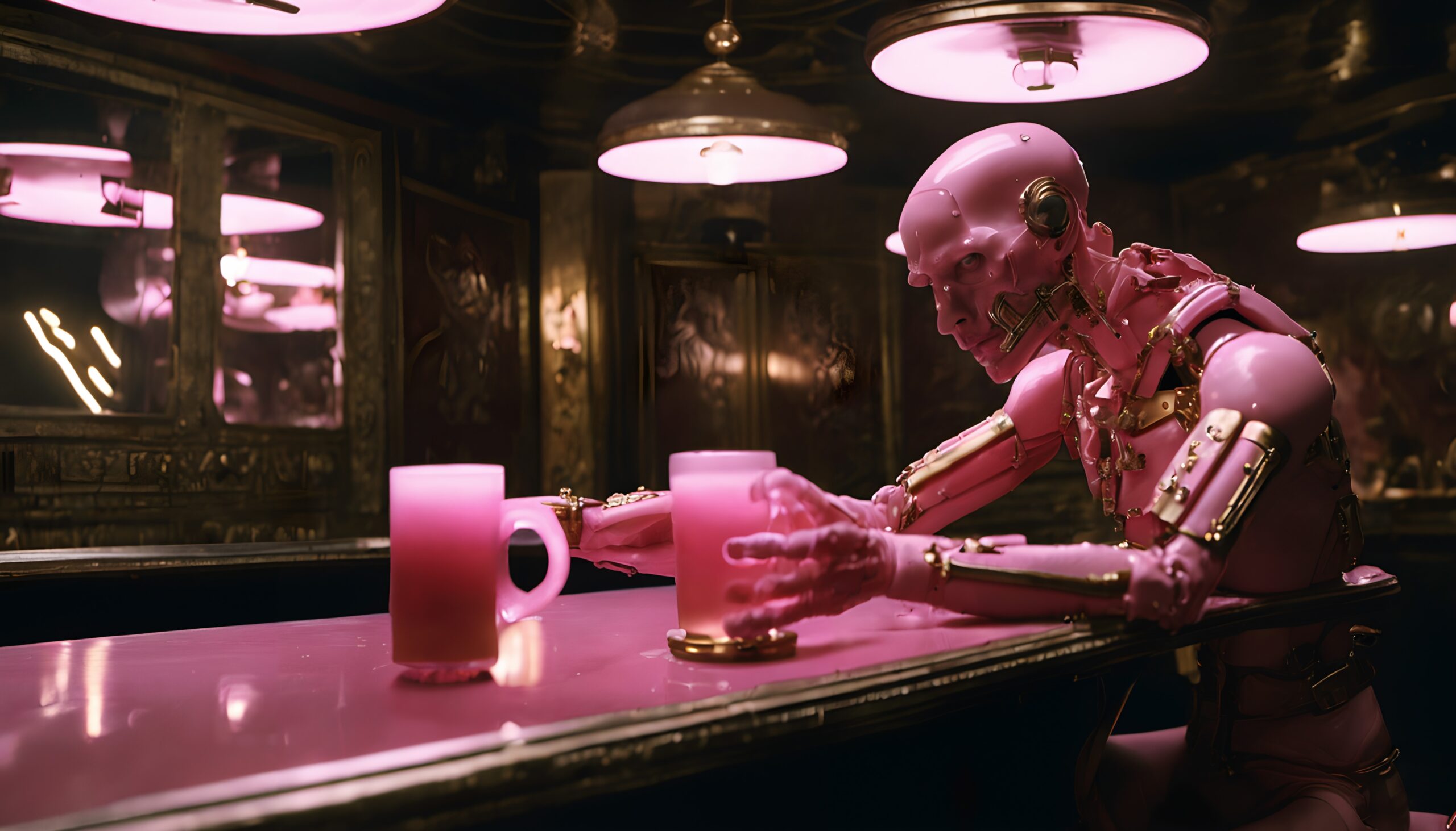A humanoid robot seated at a bar with neon pink lighting and colorful decor.