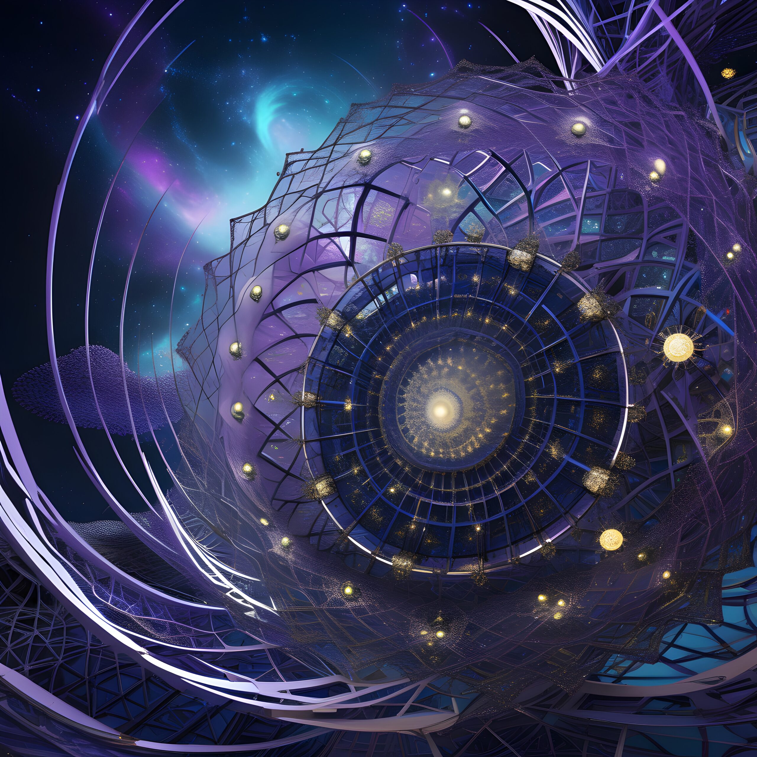 A mesmerizing cosmic scene featuring a futuristic lattice structure surrounded by nebulae and stars.