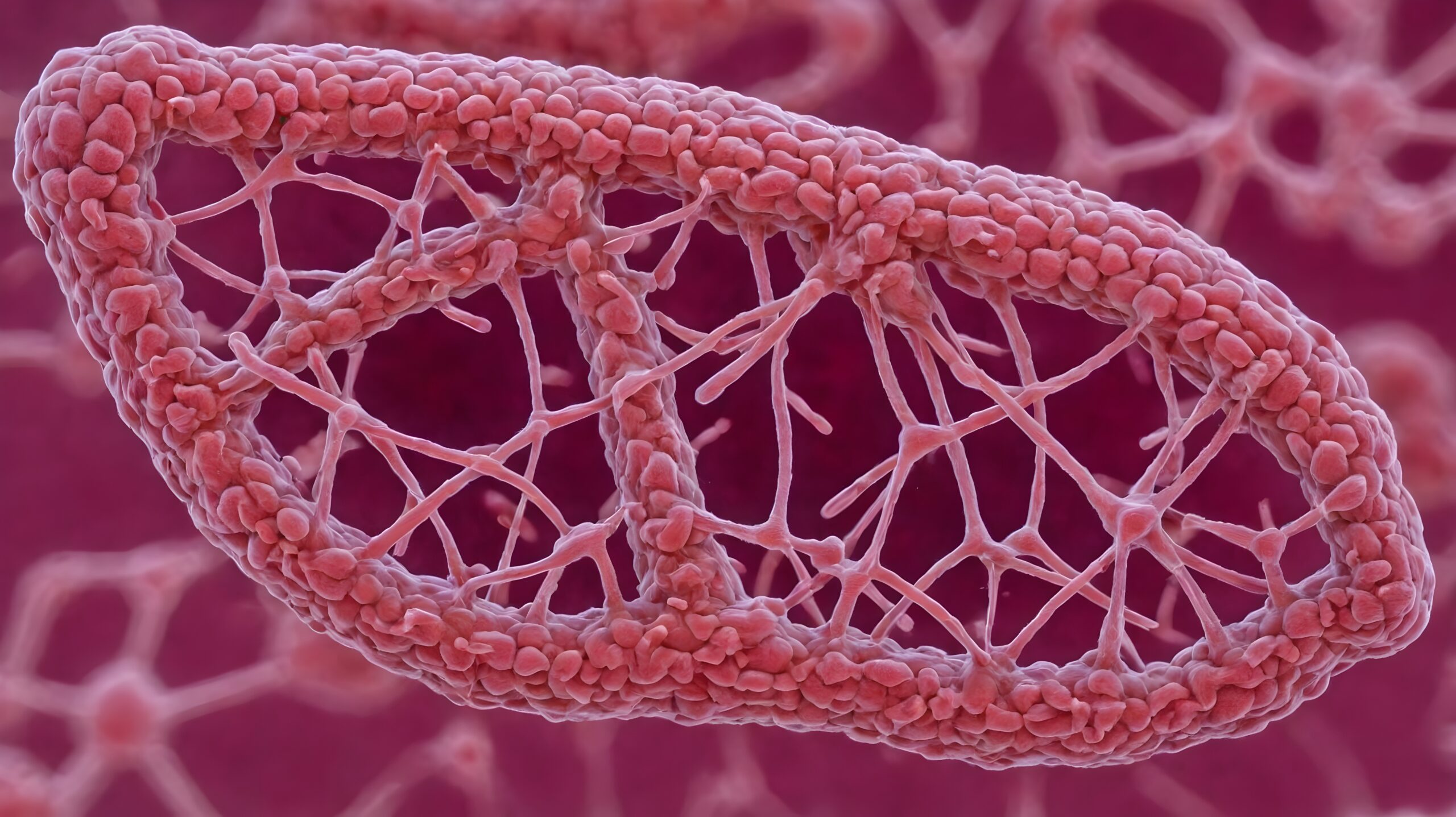 Close-up of brain capillaries showing detailed microvasculature network under microscope with pink hues in background.