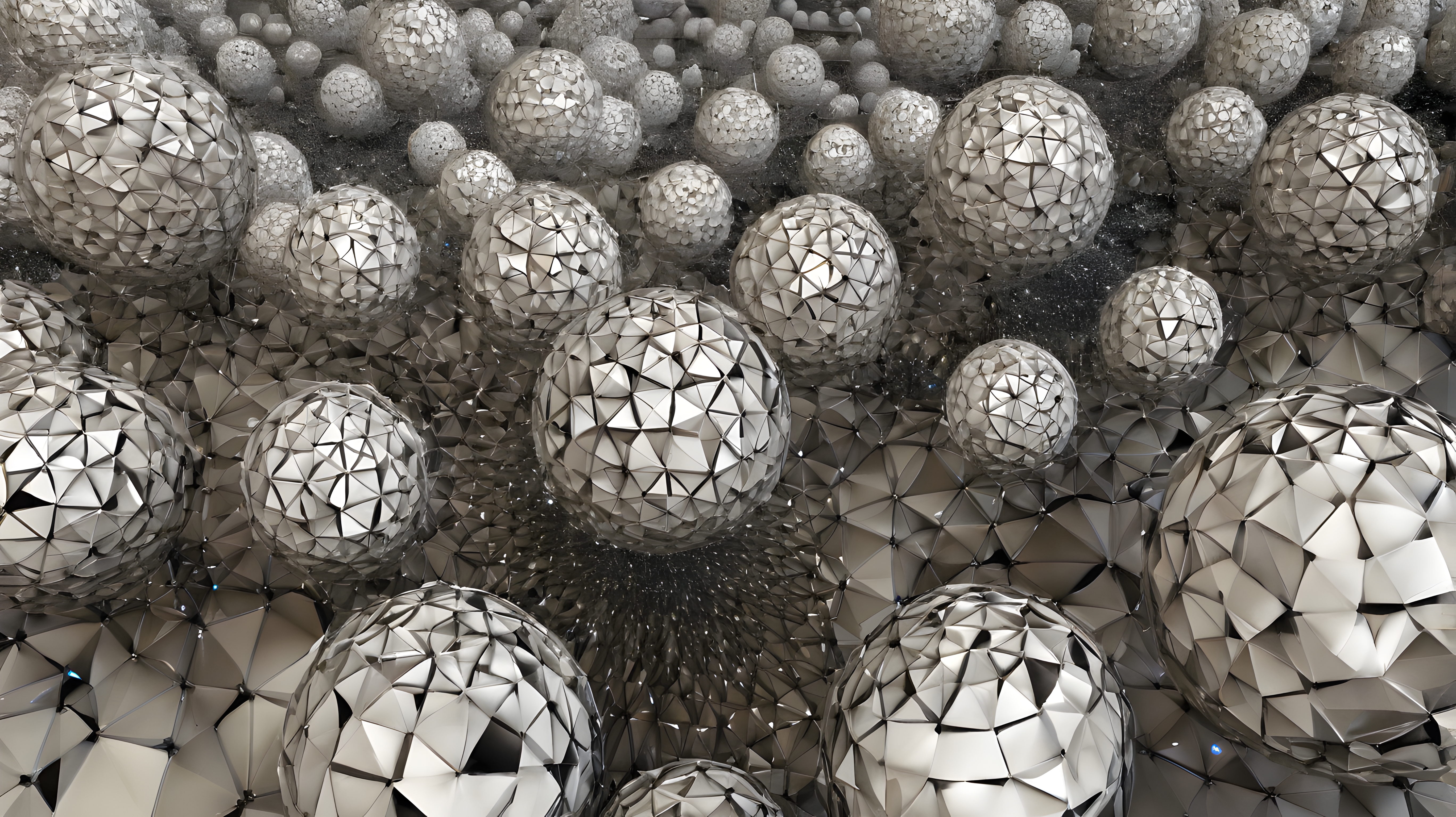 Metallic Geometric Spheres Clustered in Intricate Array.