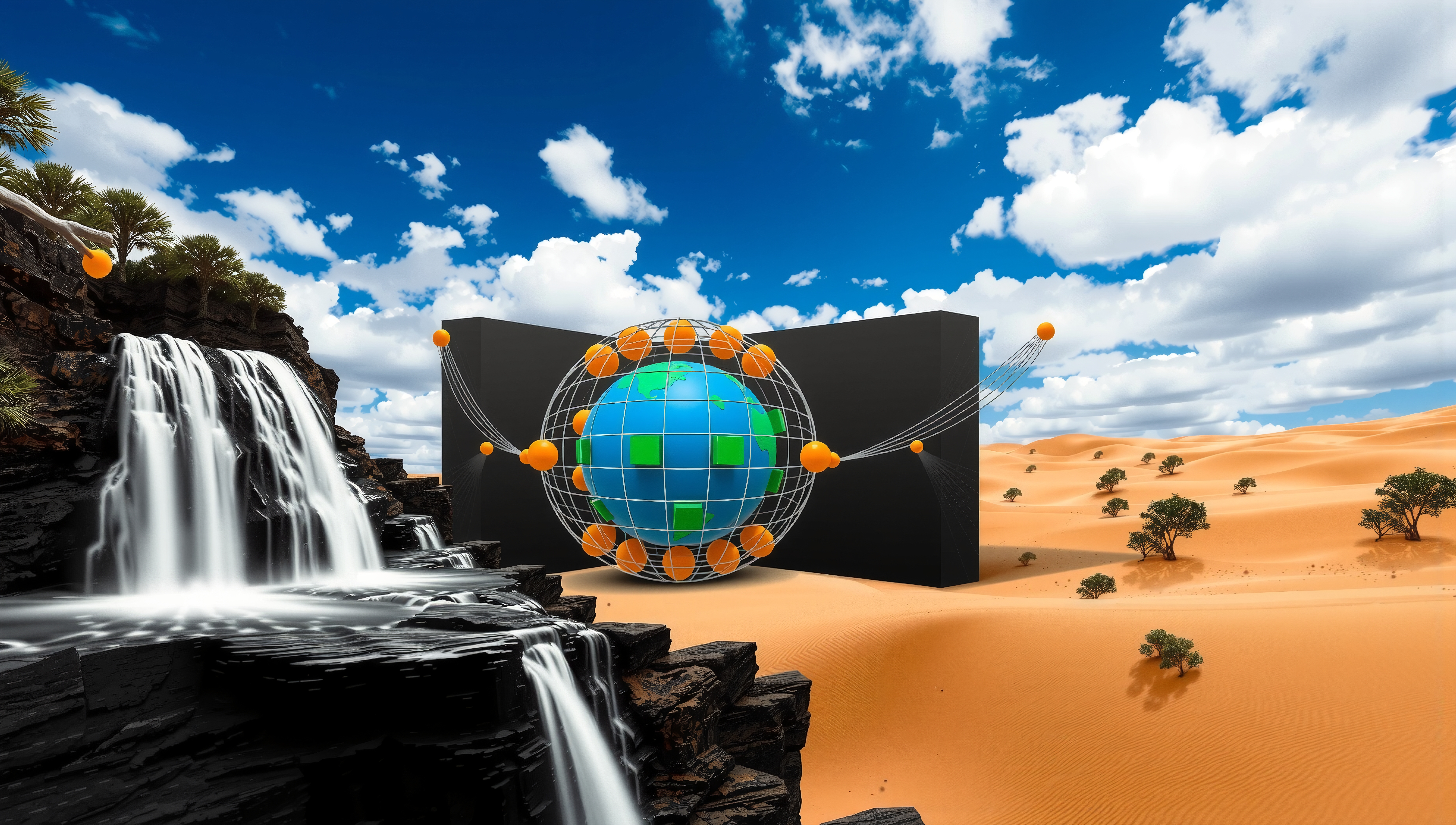 A globe within a futuristic structure set in a vibrant desert landscape with waterfalls and dunes.
