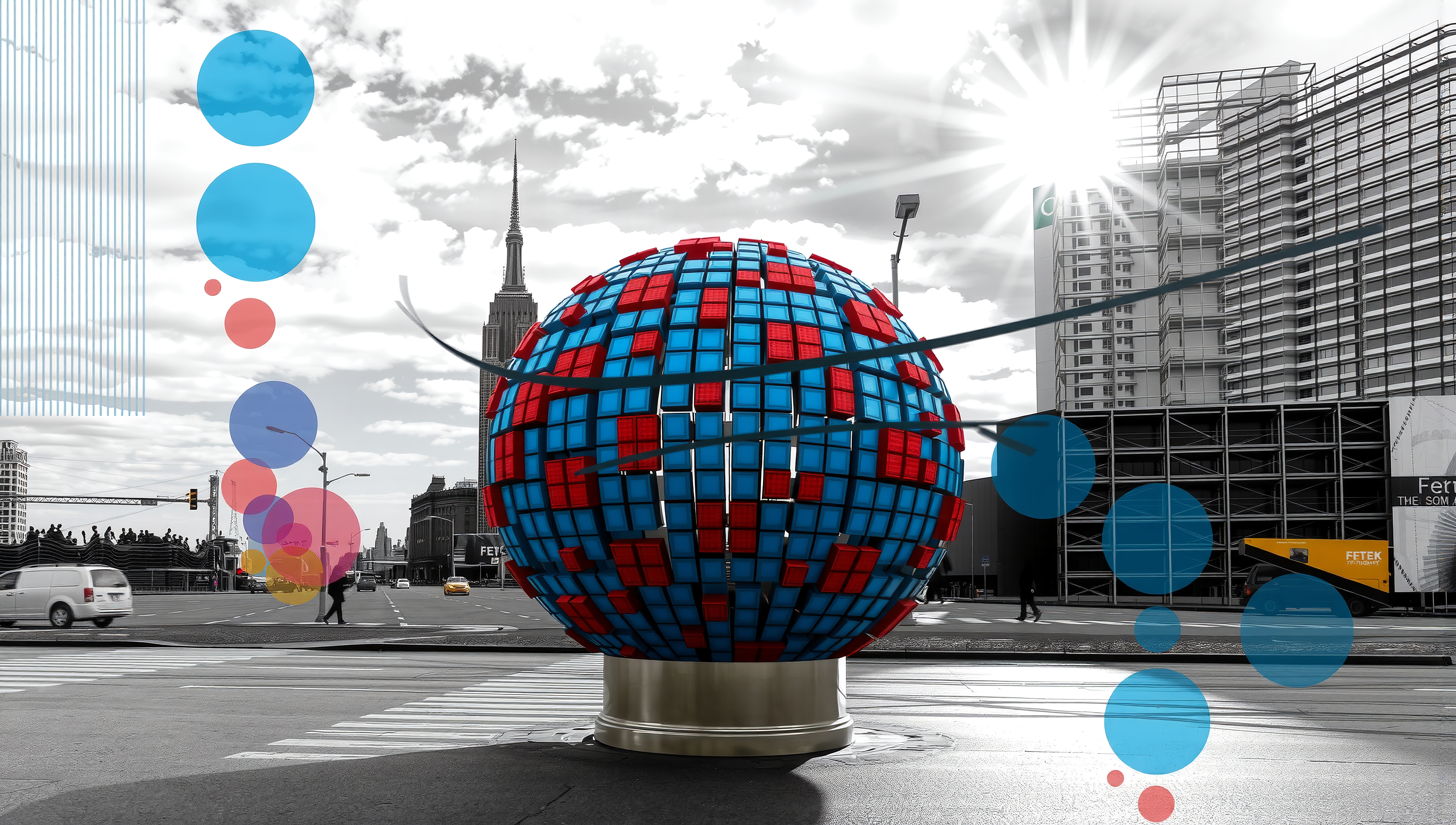 A vibrant geometric sphere in a bustling urban setting, highlighting modern art contrasts with monochromatic cityscape.