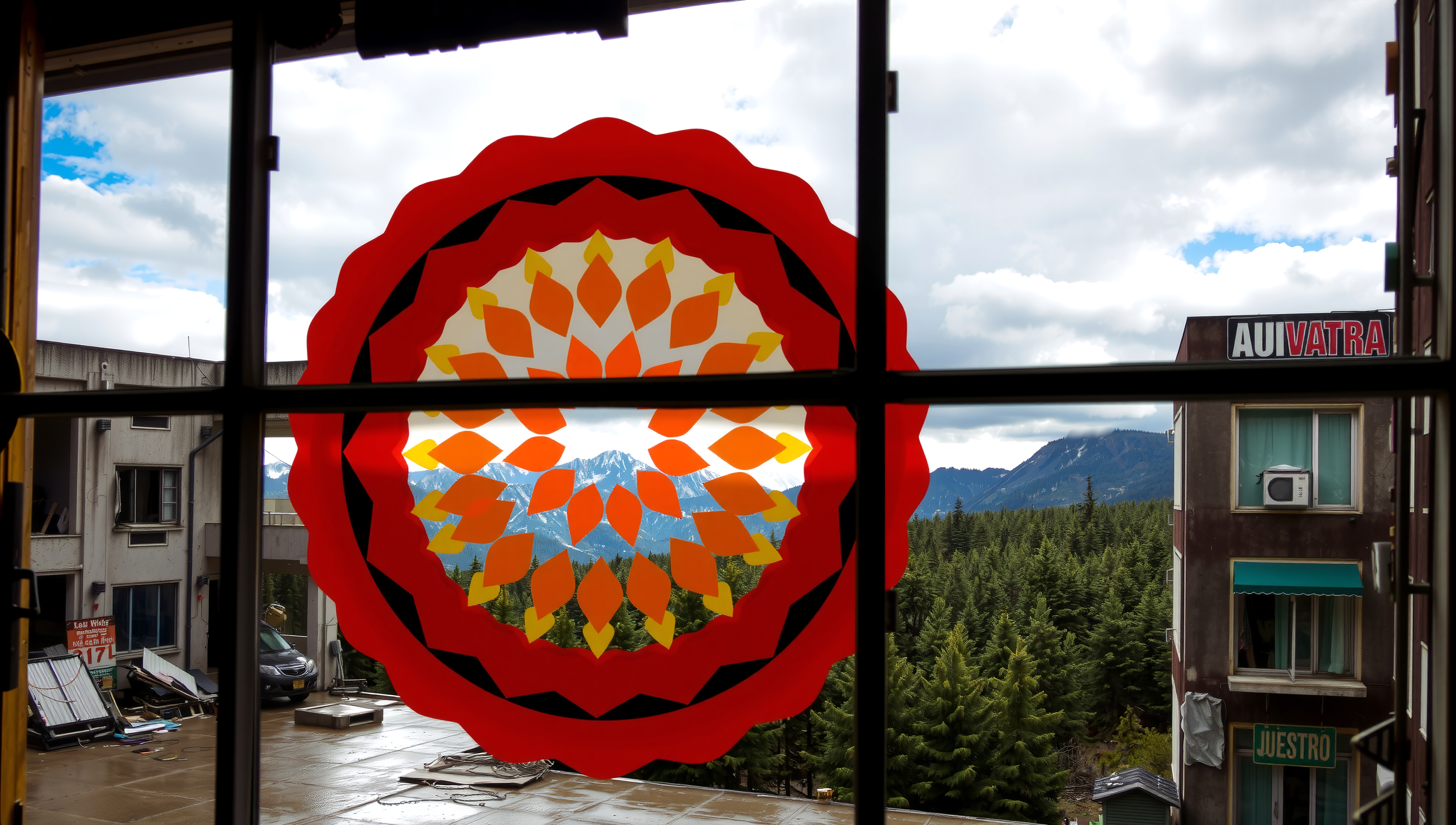 Colorful mandala on window with forest and mountain view.