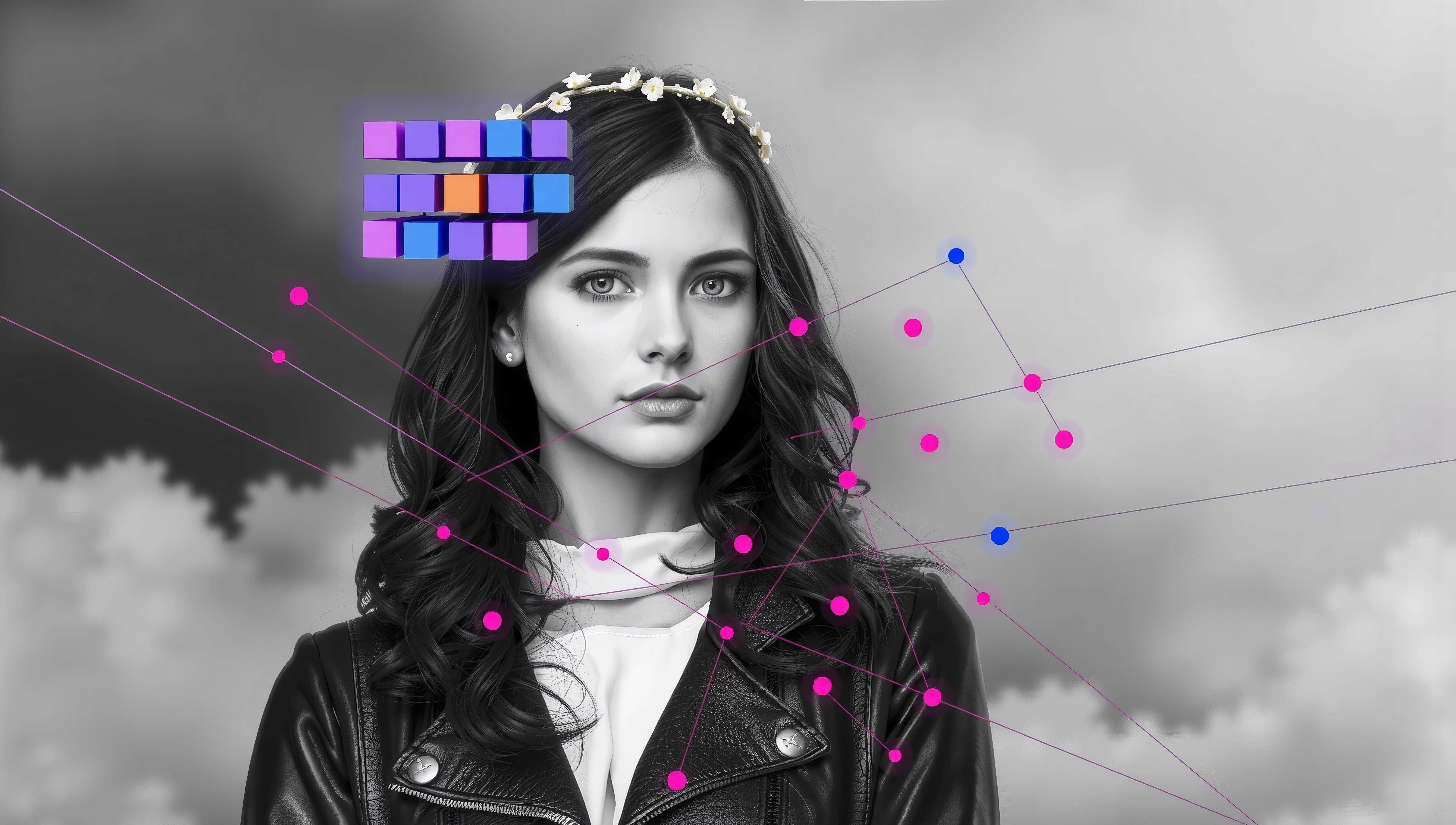 A young woman with dark hair and a flower crown stands against a cloudy background, intertwined with digital lines and geometric shapes.