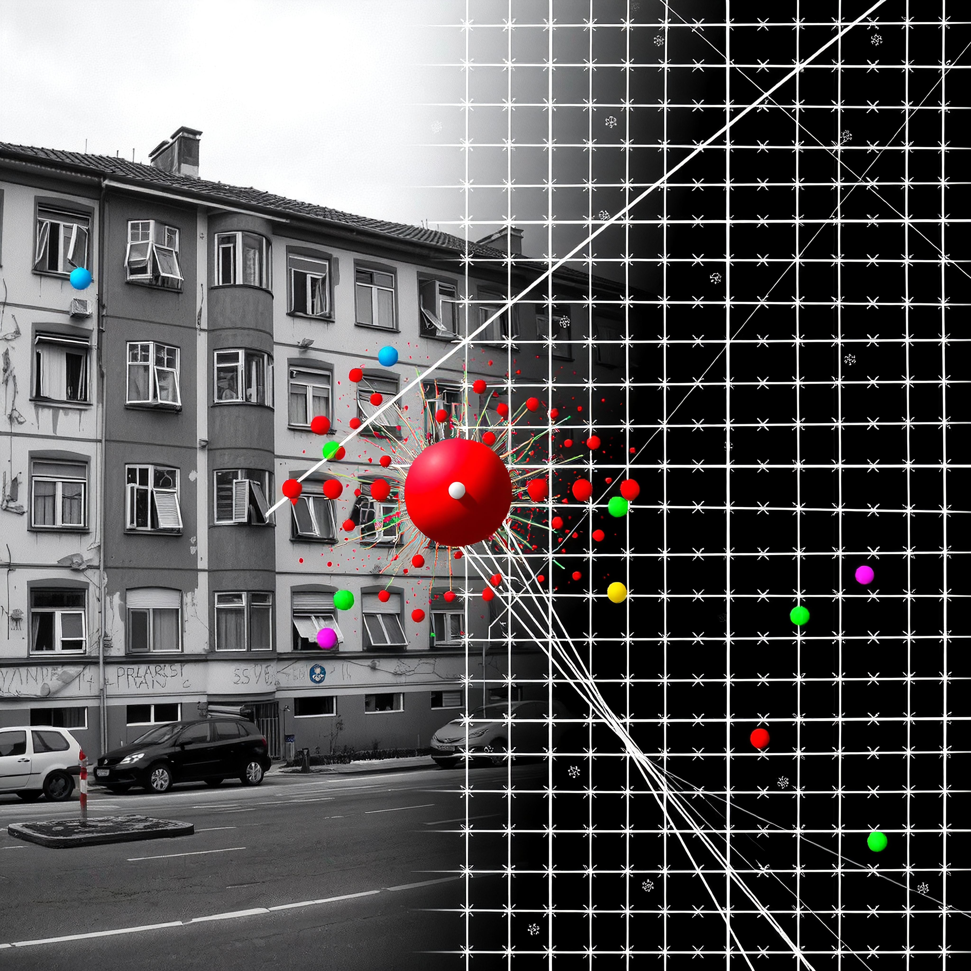 A surreal blend of an urban street scene with colorful spheres and geometric lines, contrasting reality with digital abstraction.