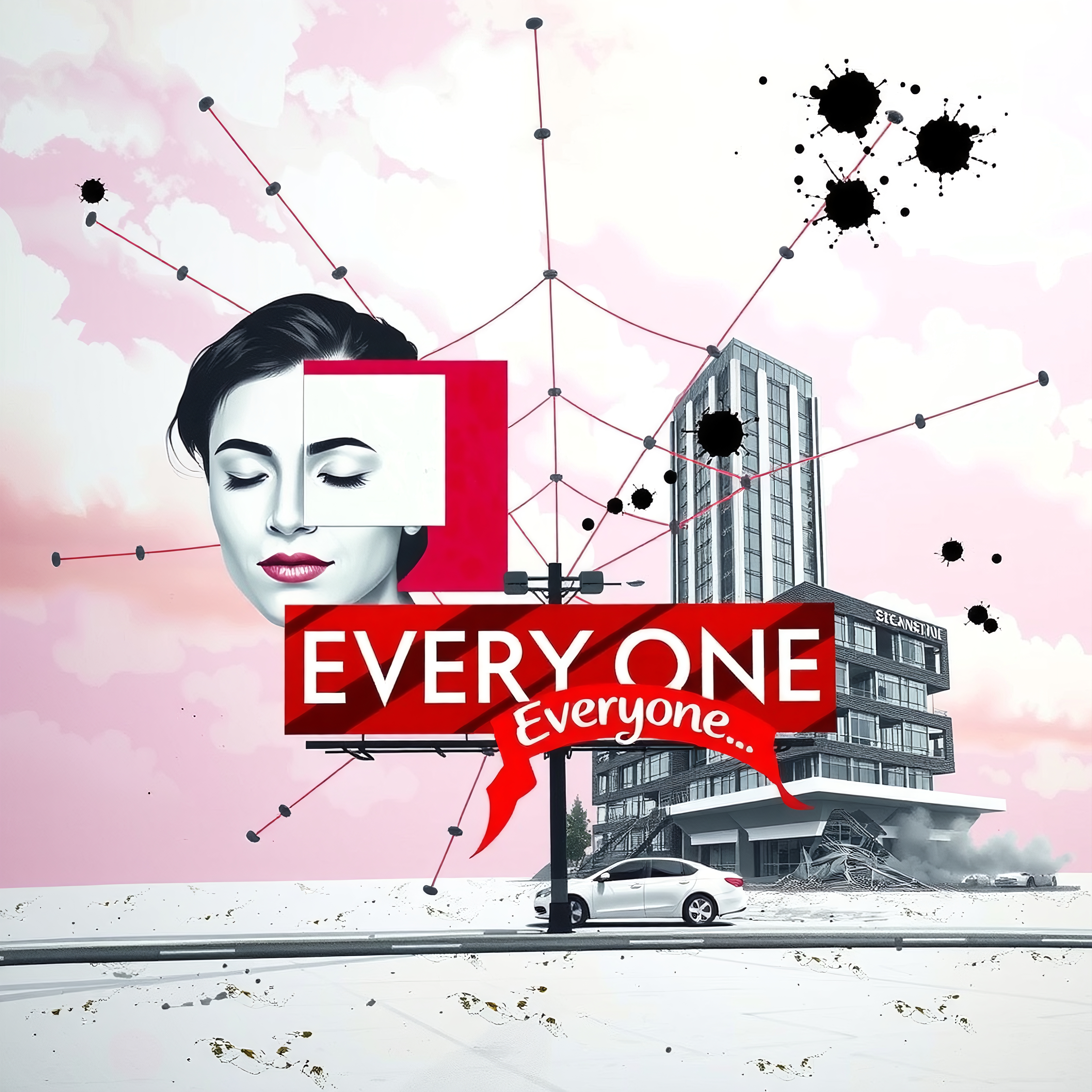 Surreal urban artwork featuring a woman's face with a blend of architectural elements and expressive text.