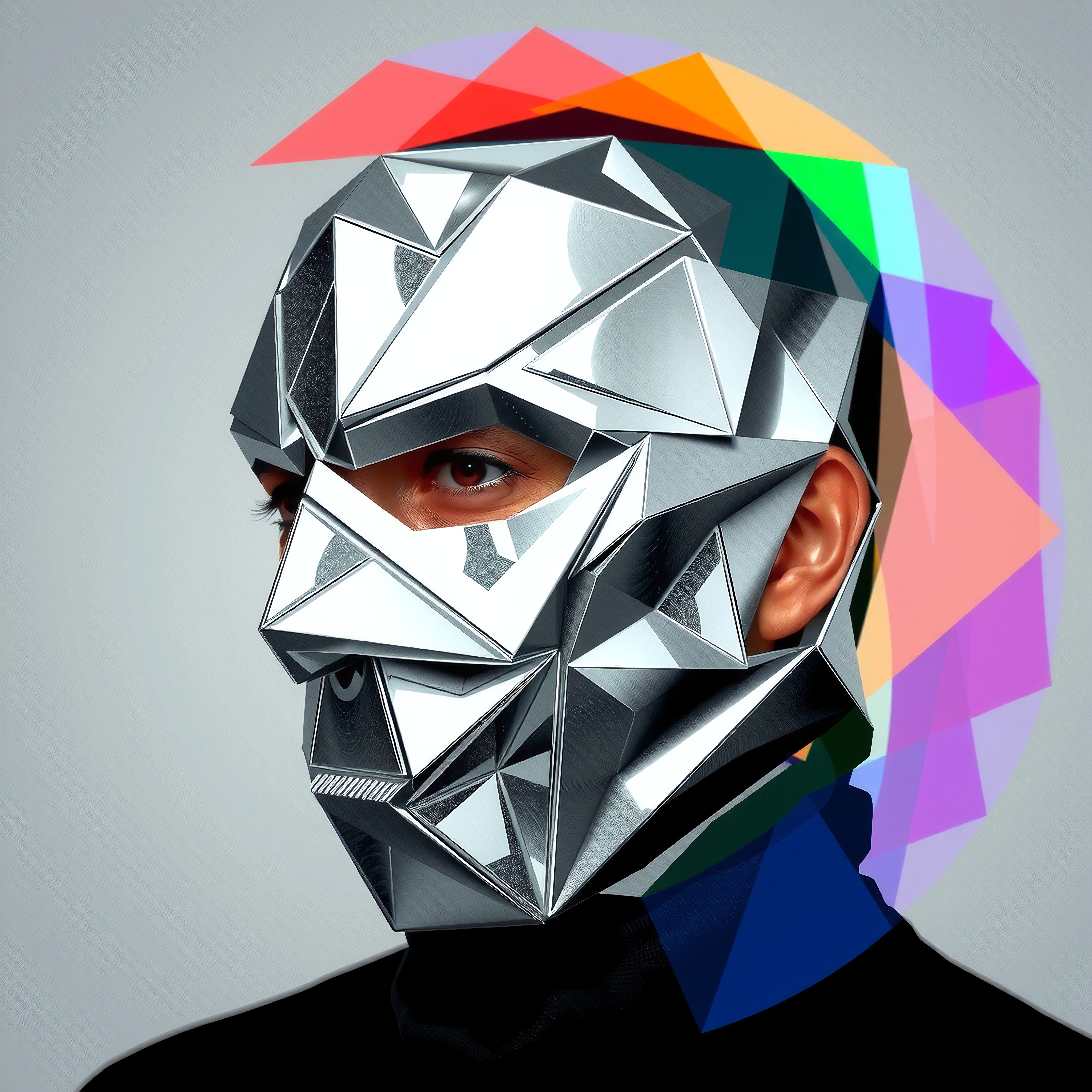 A futuristic mask with geometric shapes and a colorful background.