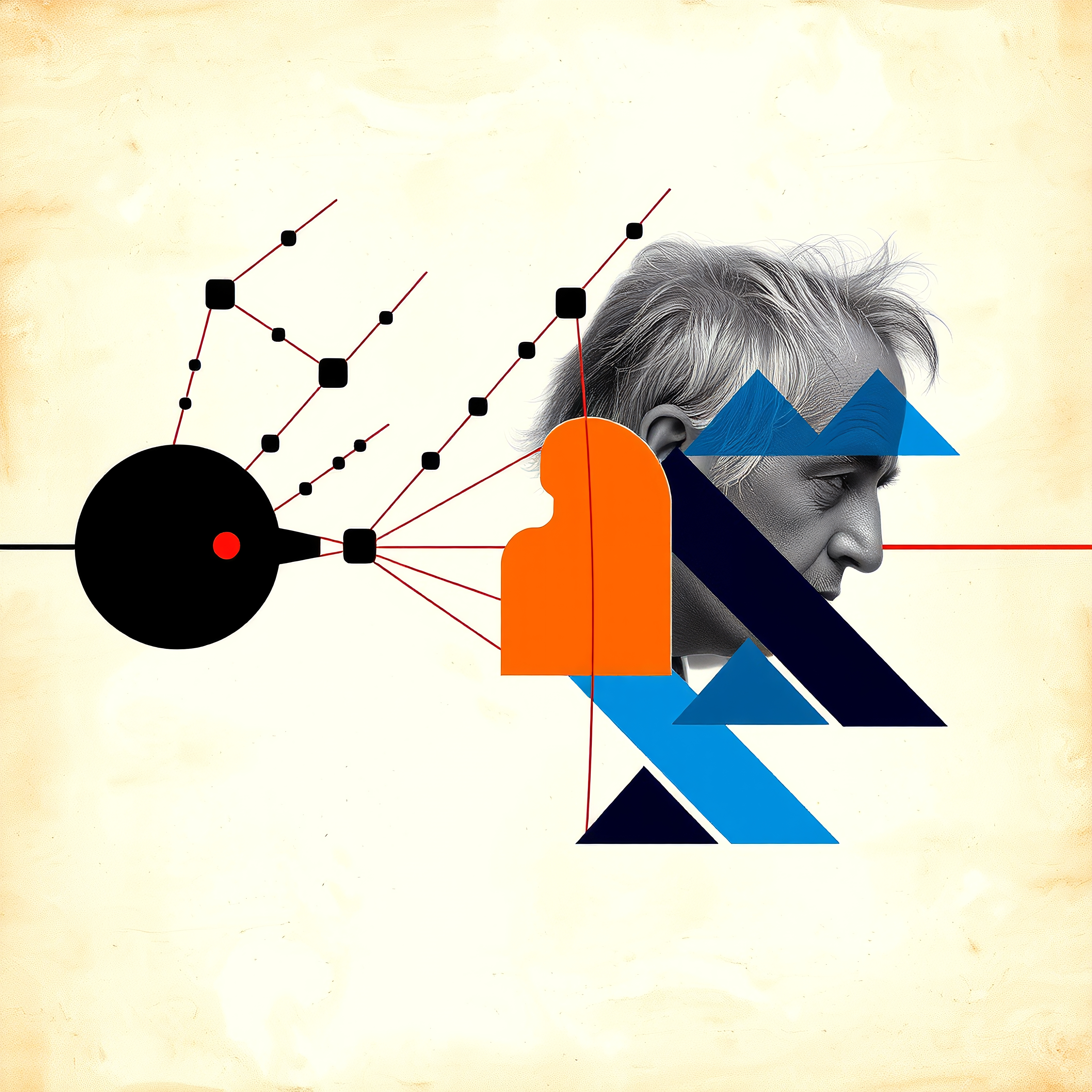 Abstract geometric portrait with interconnected lines and shapes.