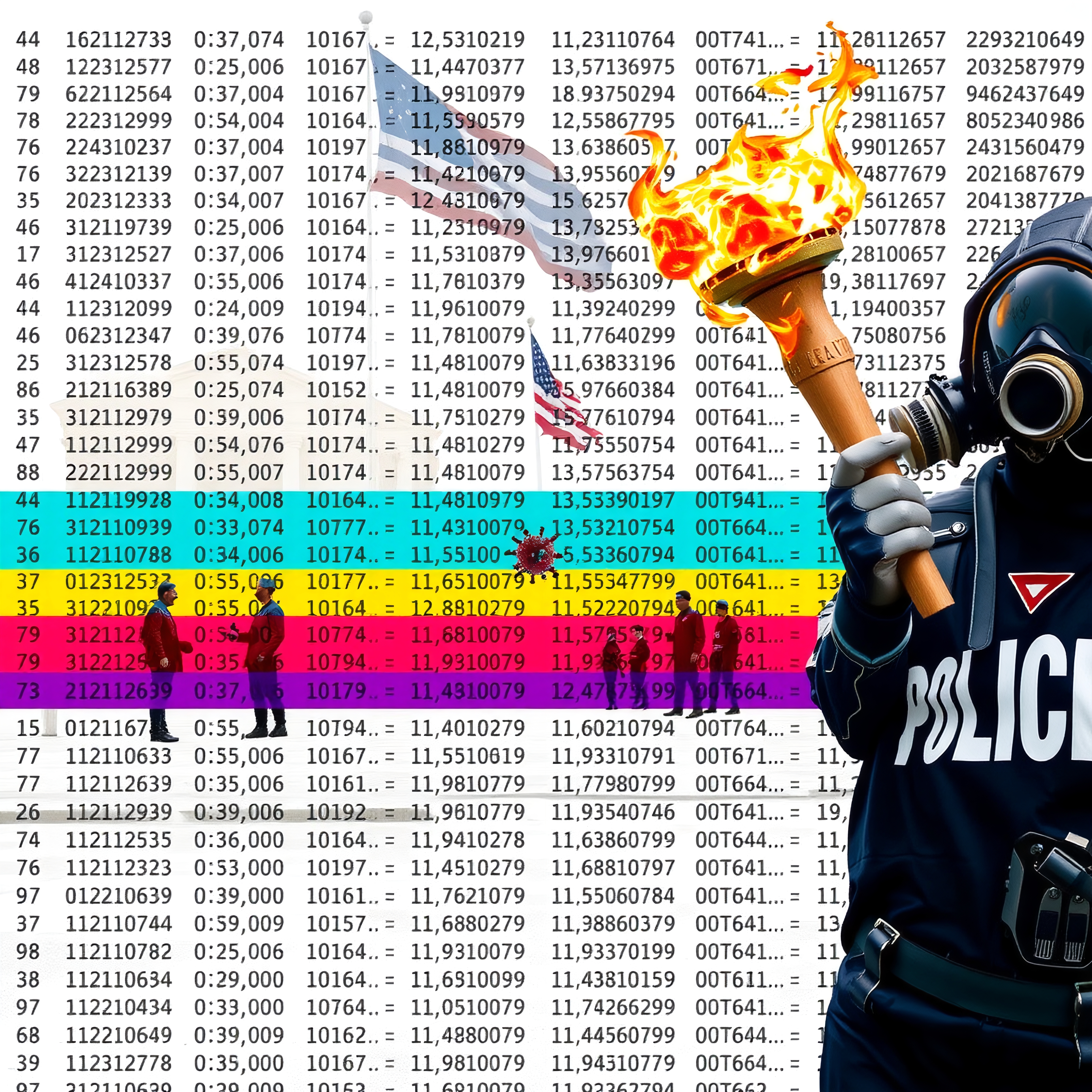 A person in police gear, holding a torch amid data and virus imagery, symbolizes authority amidst chaos.