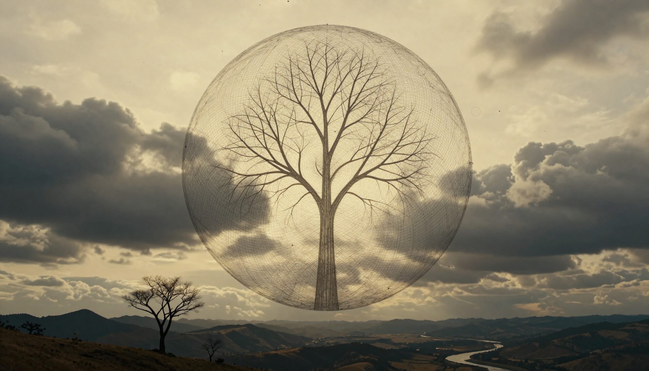 A large leafless tree encased in a transparent sphere floats against a dramatic cloudy sky, above a hilly landscape with a winding river.