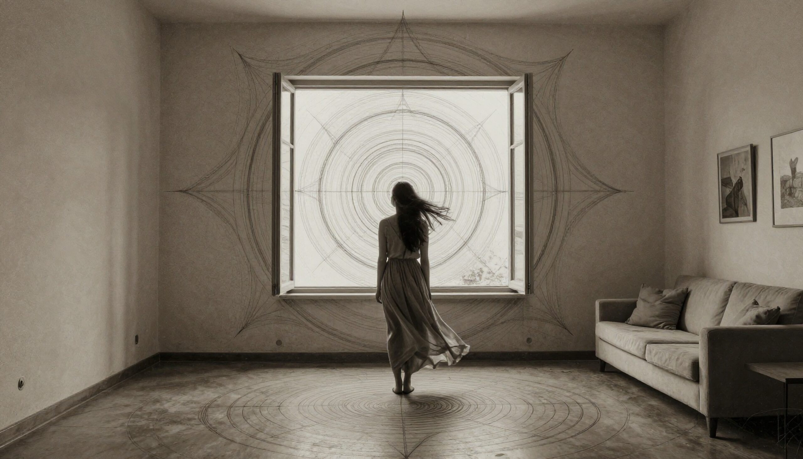 Woman standing by a window in an artistic room with geometric designs.