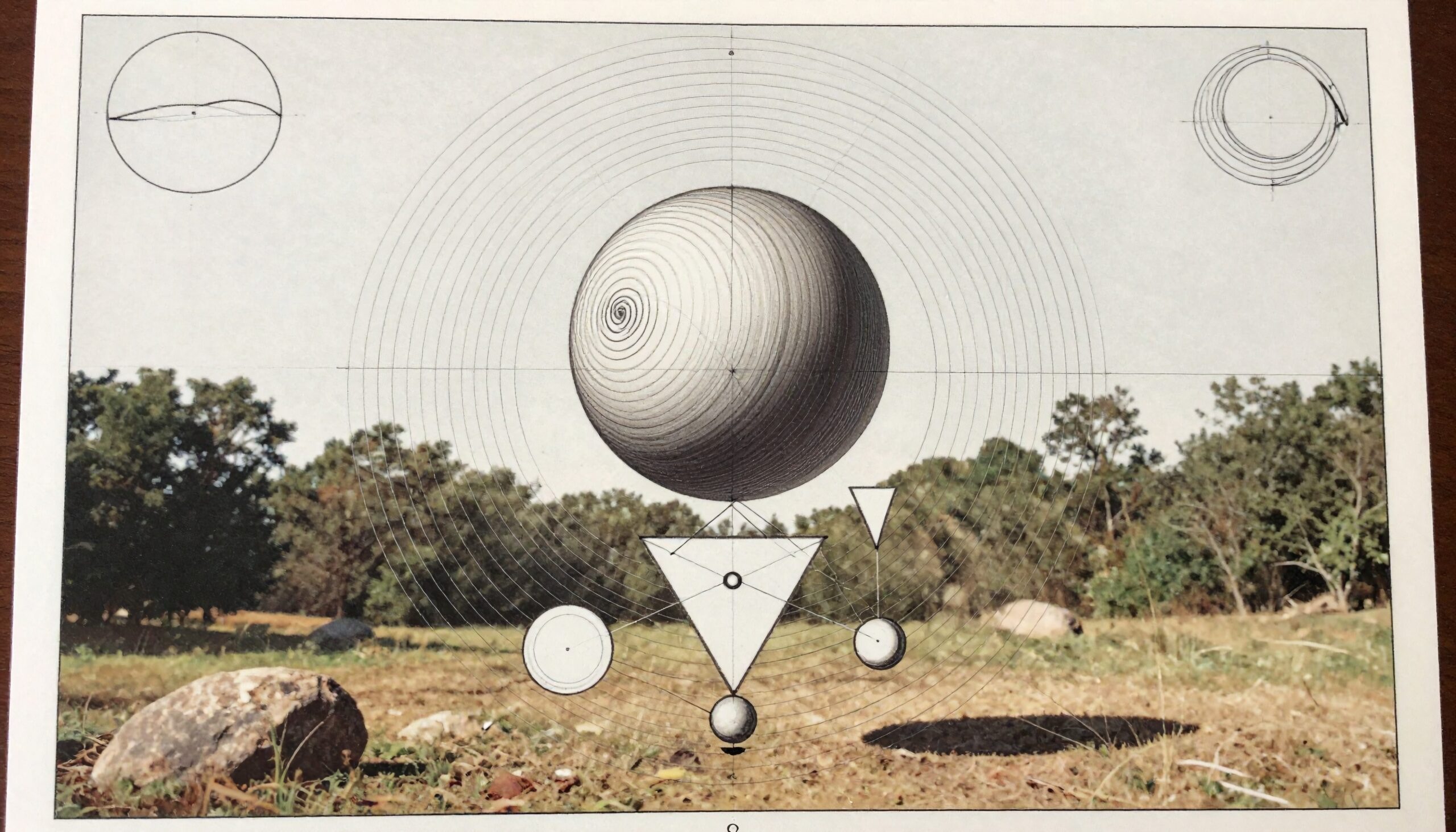 Surreal landscape with geometric shapes superimposed.
