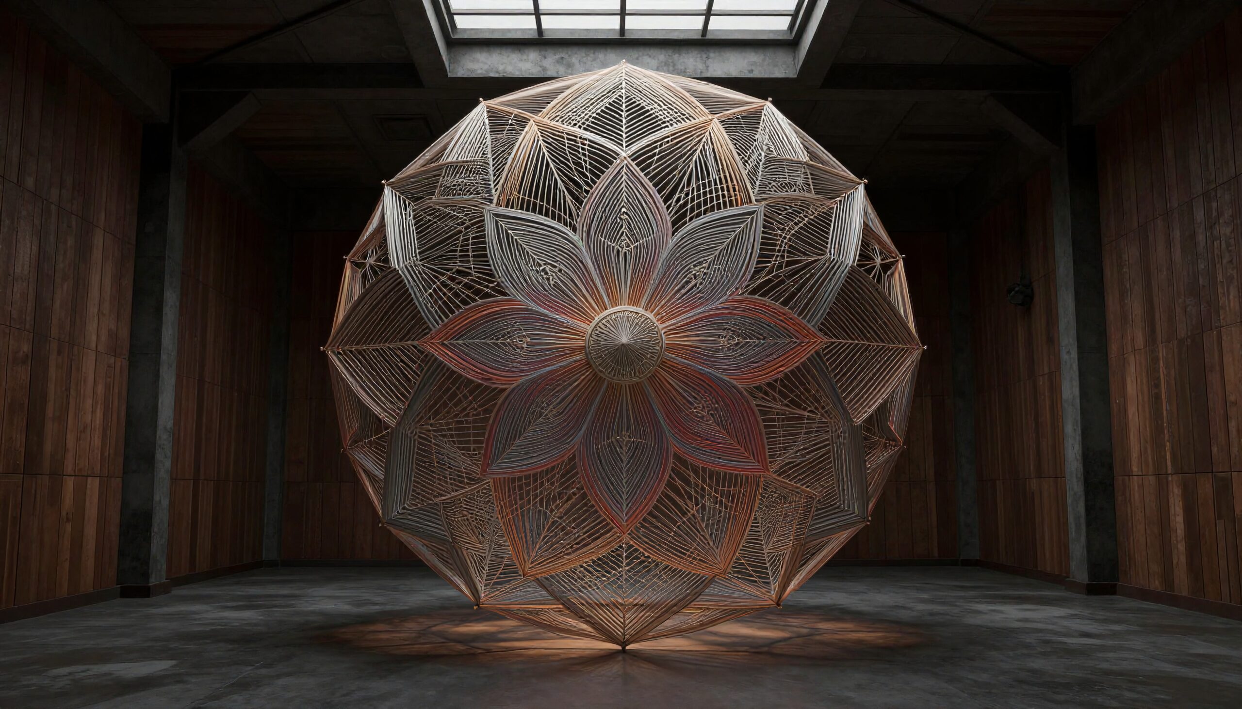 Intricate geometric art installation with floral design.