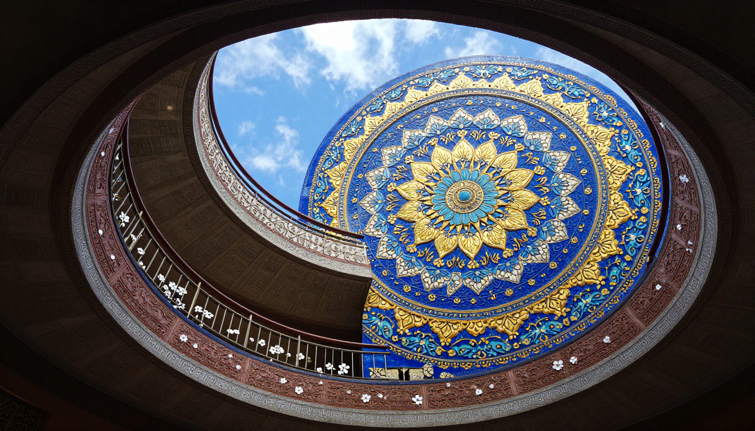 A view up to an intricately designed dome with vivid blue and gold colors, framed by ornate architecture and a clear sky.
