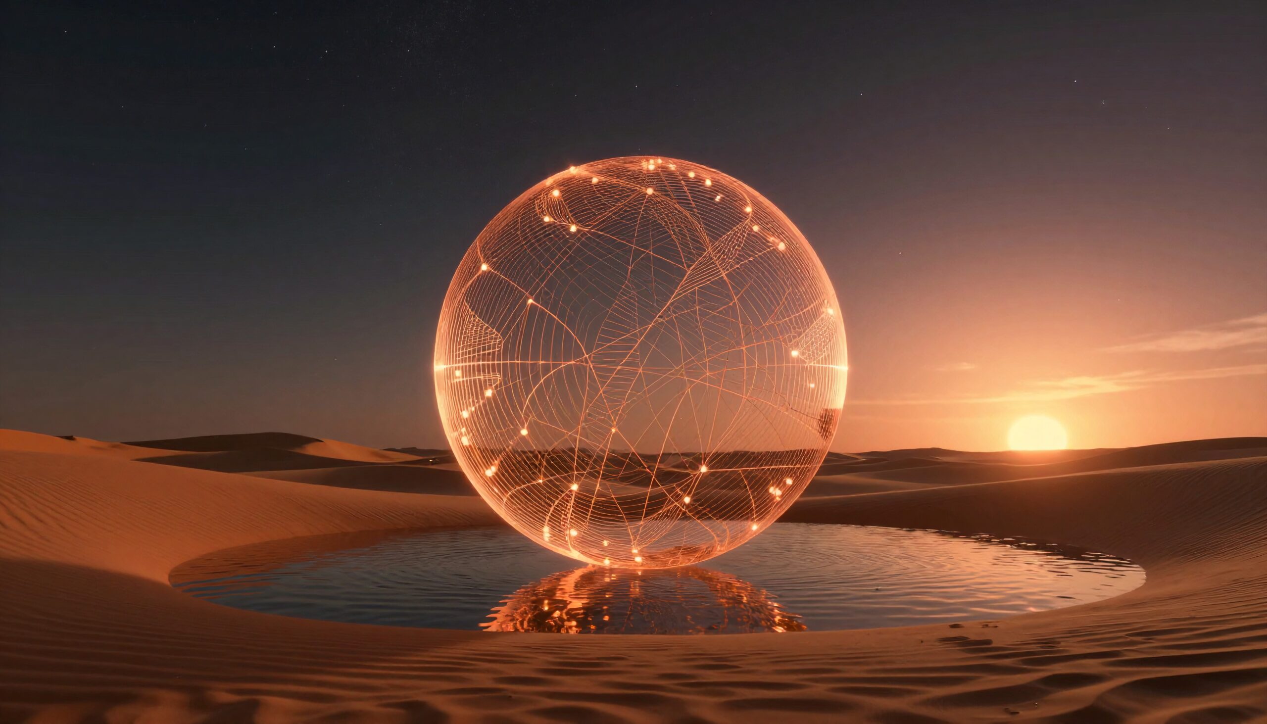 A glowing sphere floats above desert water at sunset creating a surreal futuristic scene.