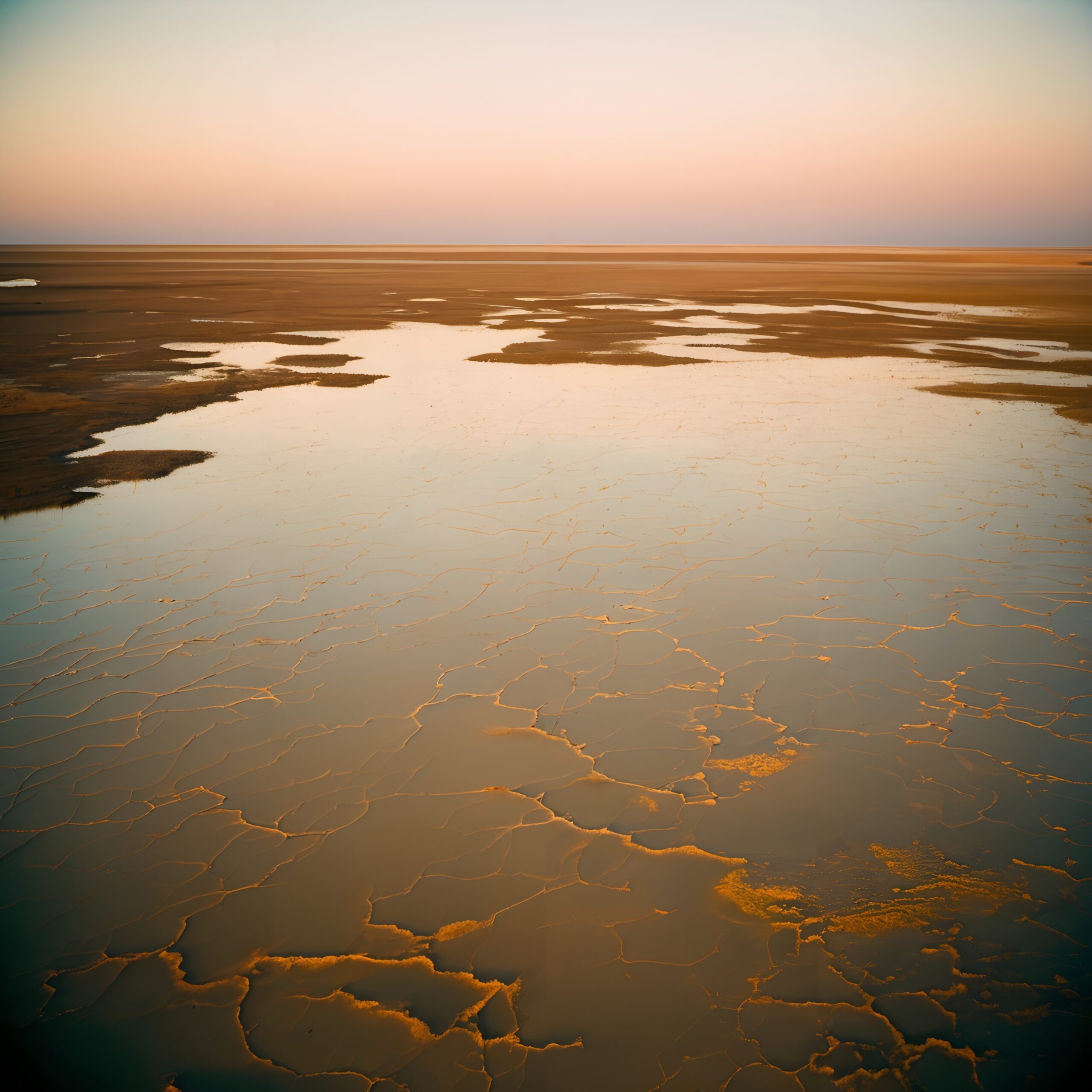 A serene pastel sky over a cracked barren landscape at sunset.