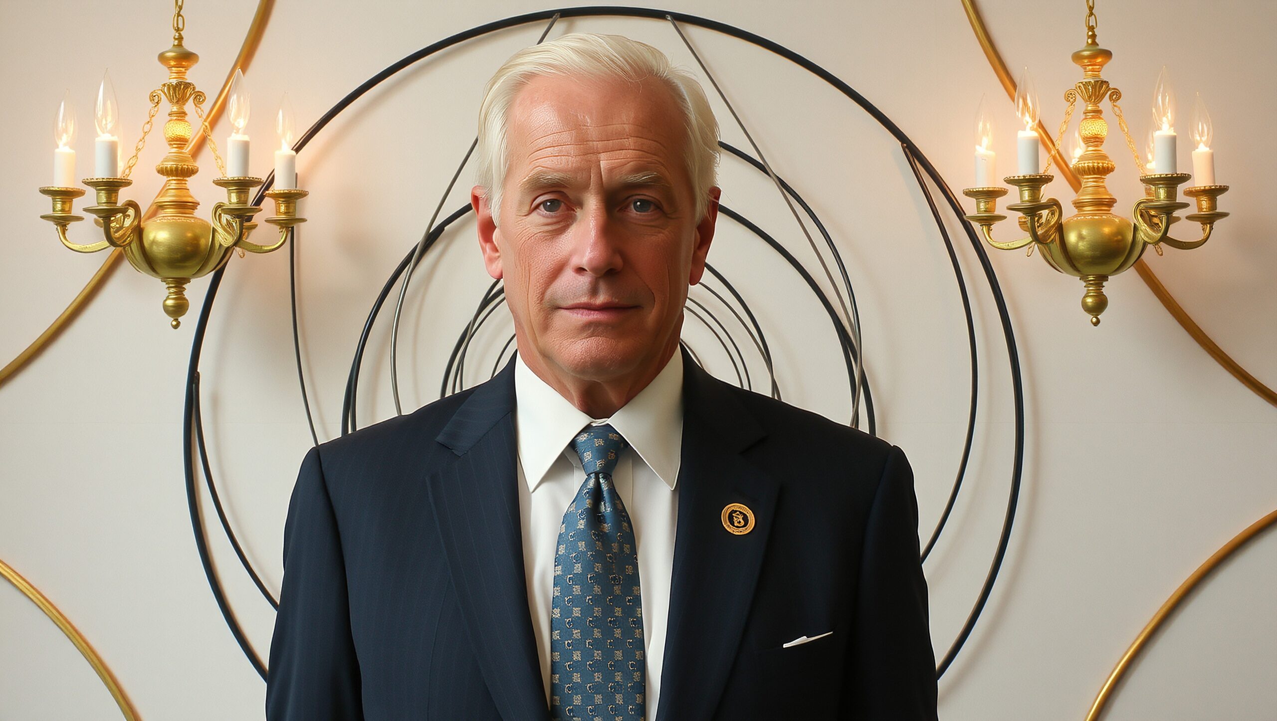 An elderly man in a suit stands in front of elegant concentric circles with wall sconces.