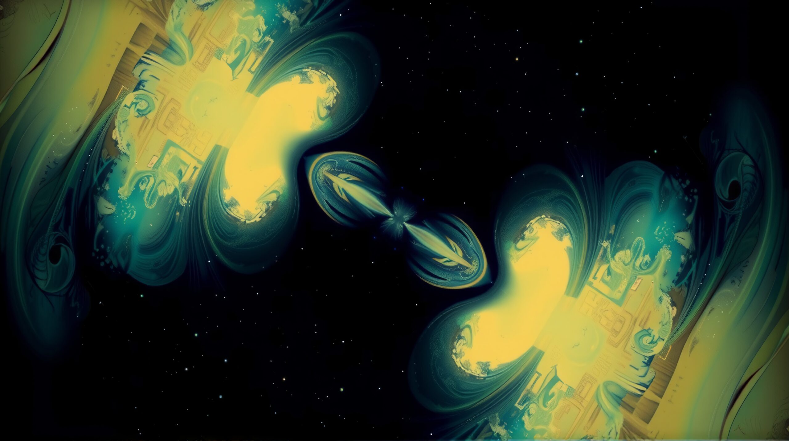 Abstract cosmic art with symmetrical glowing waves in a starry backdrop.