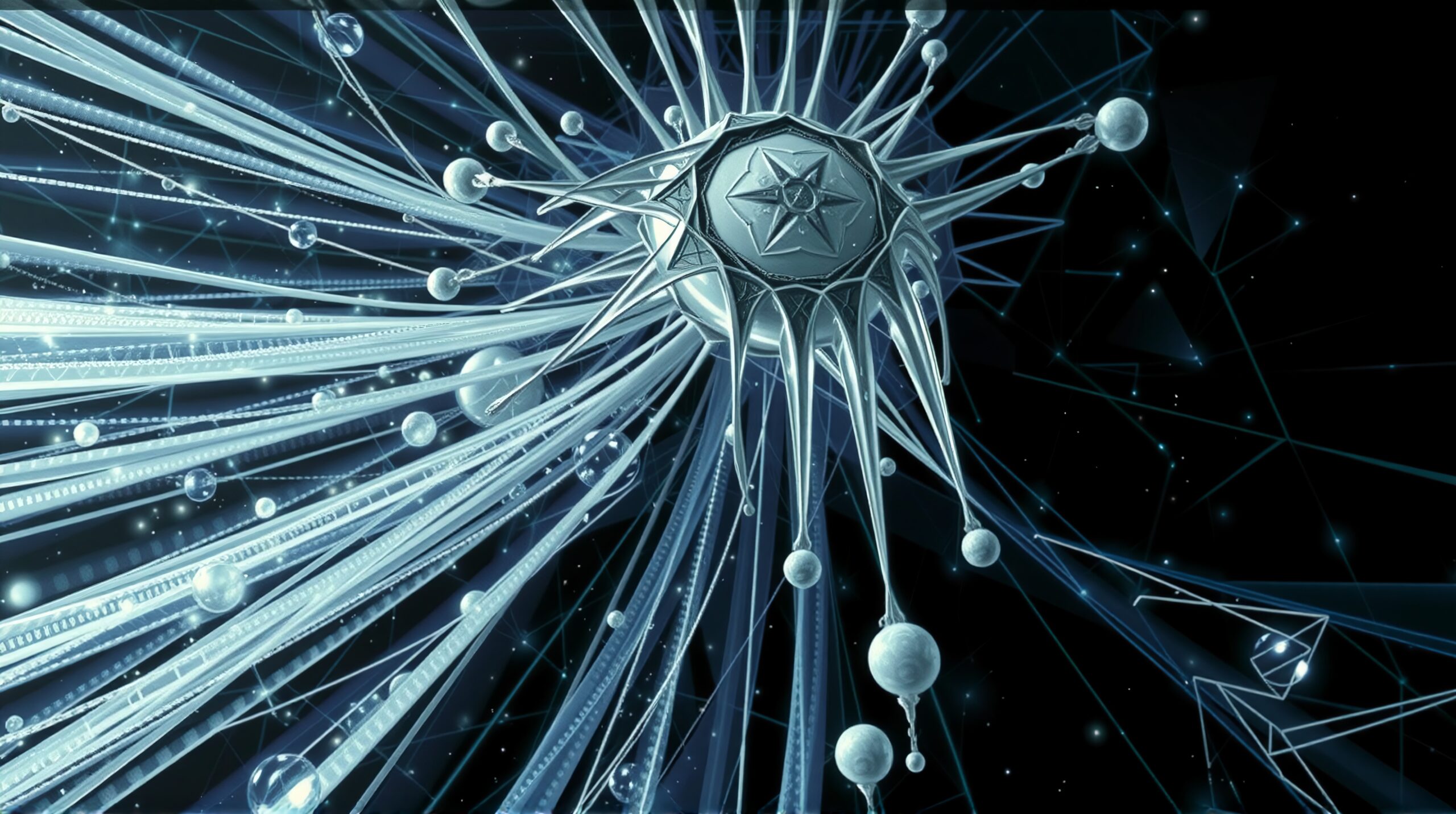 Futuristic star-shaped object with crystalline strands in space.