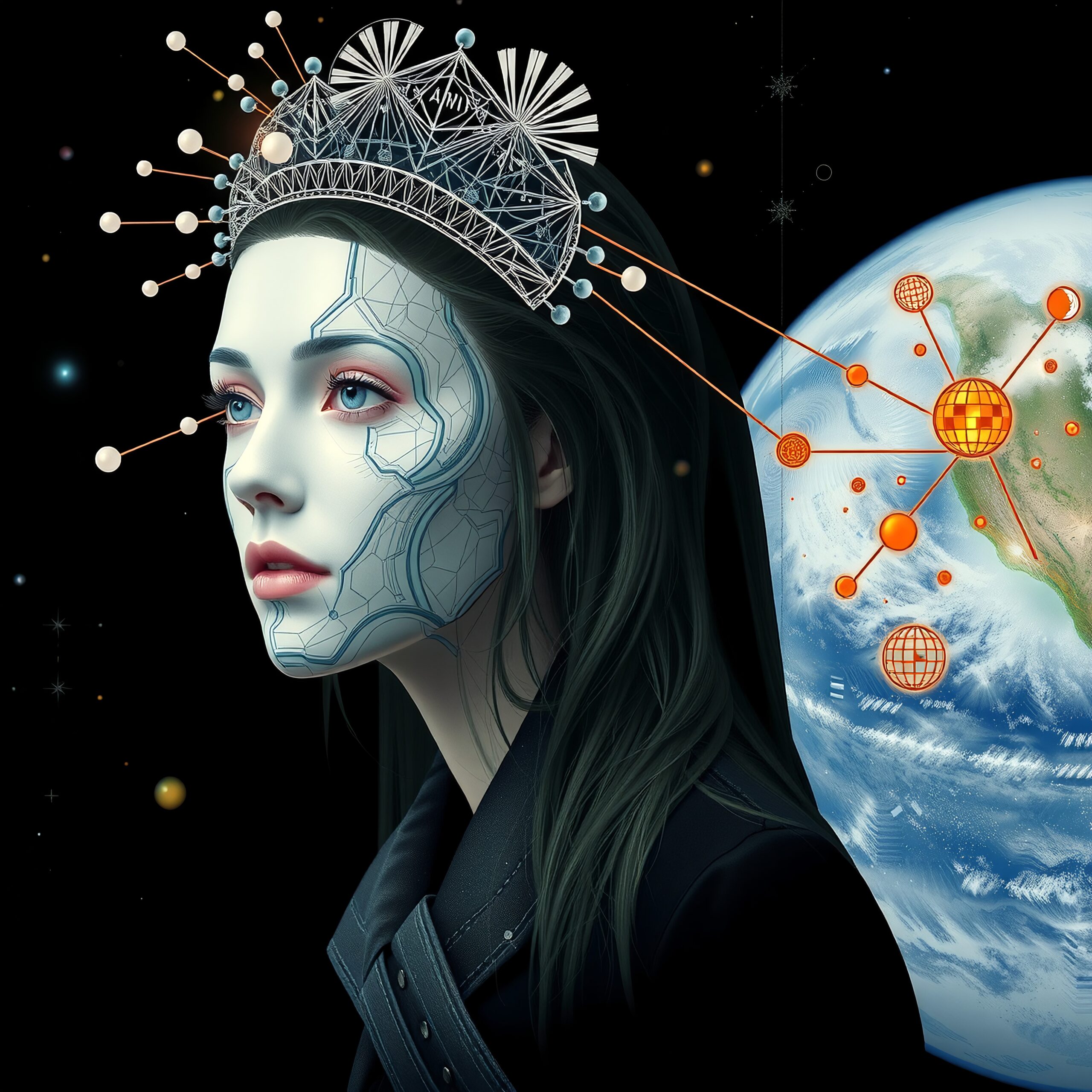 Futuristic woman with crown, connected to Earth from space.