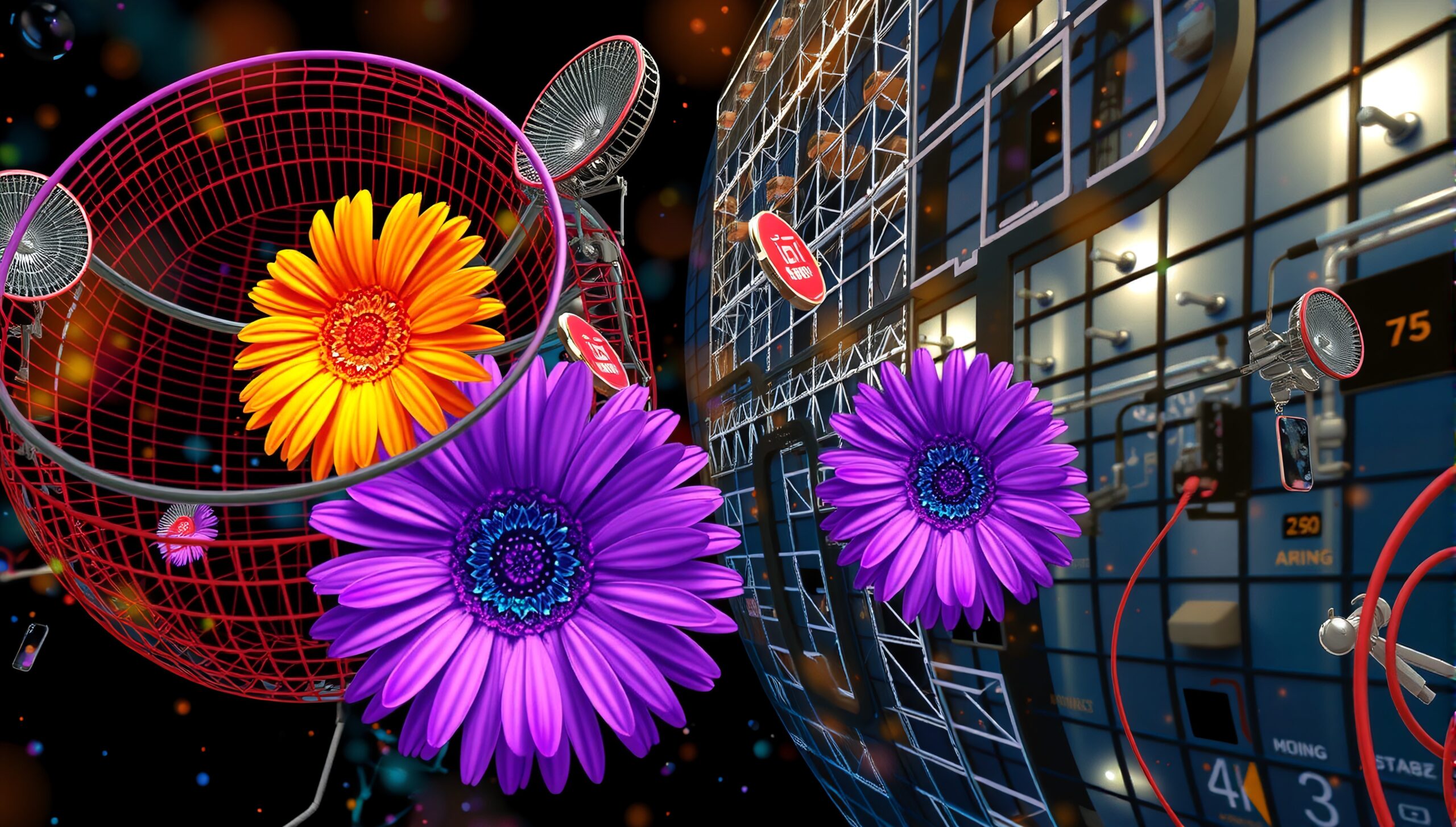 Surreal artwork combining vivid flowers with futuristic technological elements, showcasing an imaginative blend of nature and digital design.