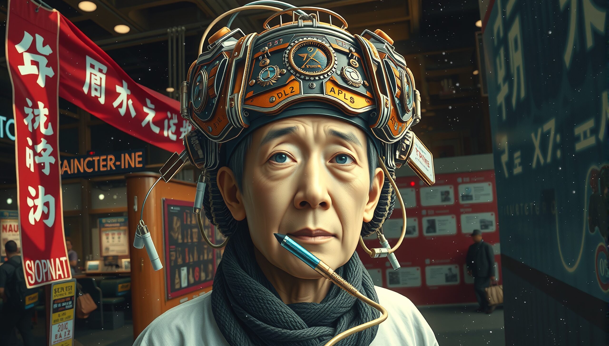 A man in a futuristic helmet with wires and gauges in a bustling urban setting.