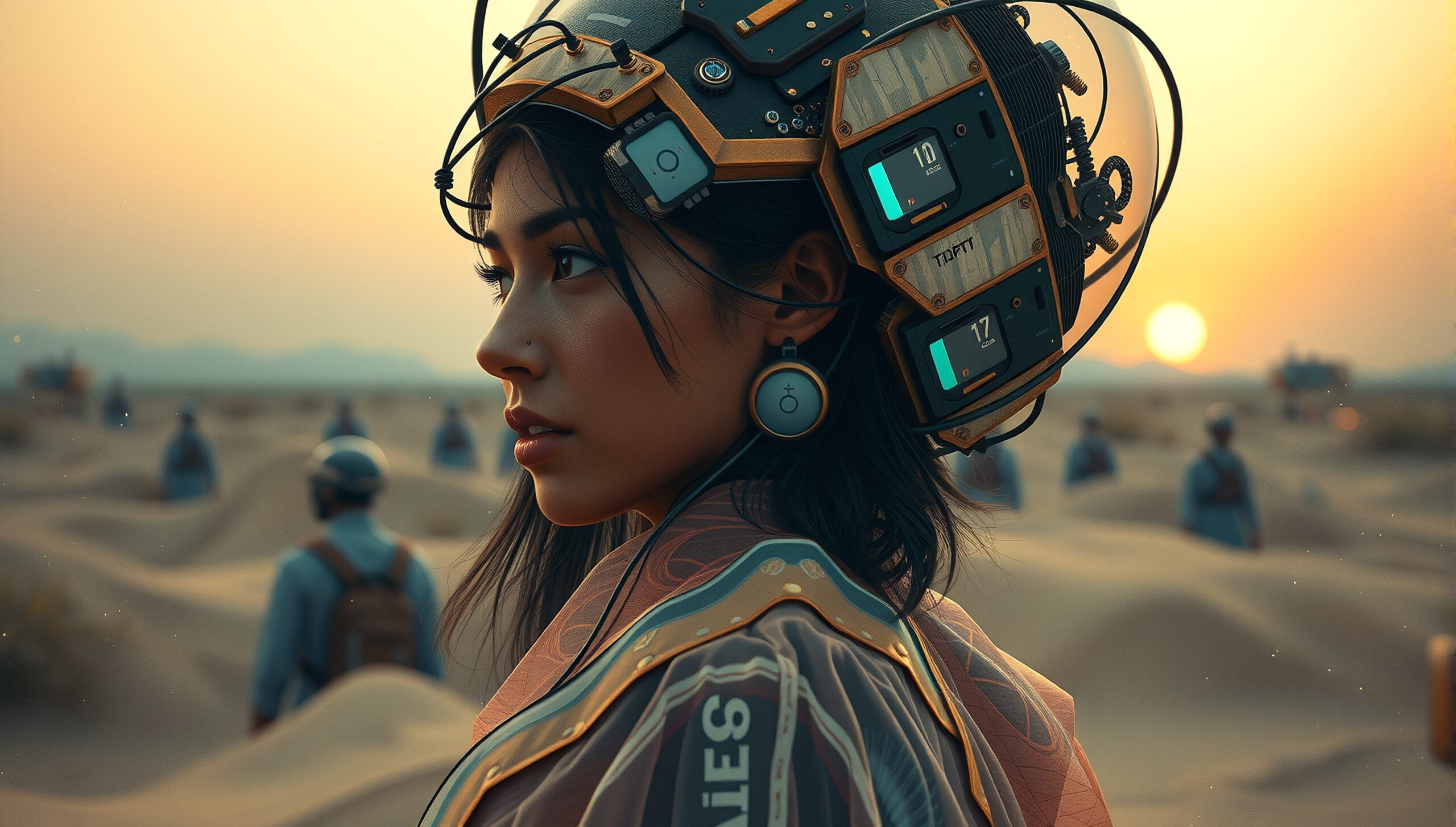 Futuristic woman with advanced helmet in a glowing sunset desert scene.