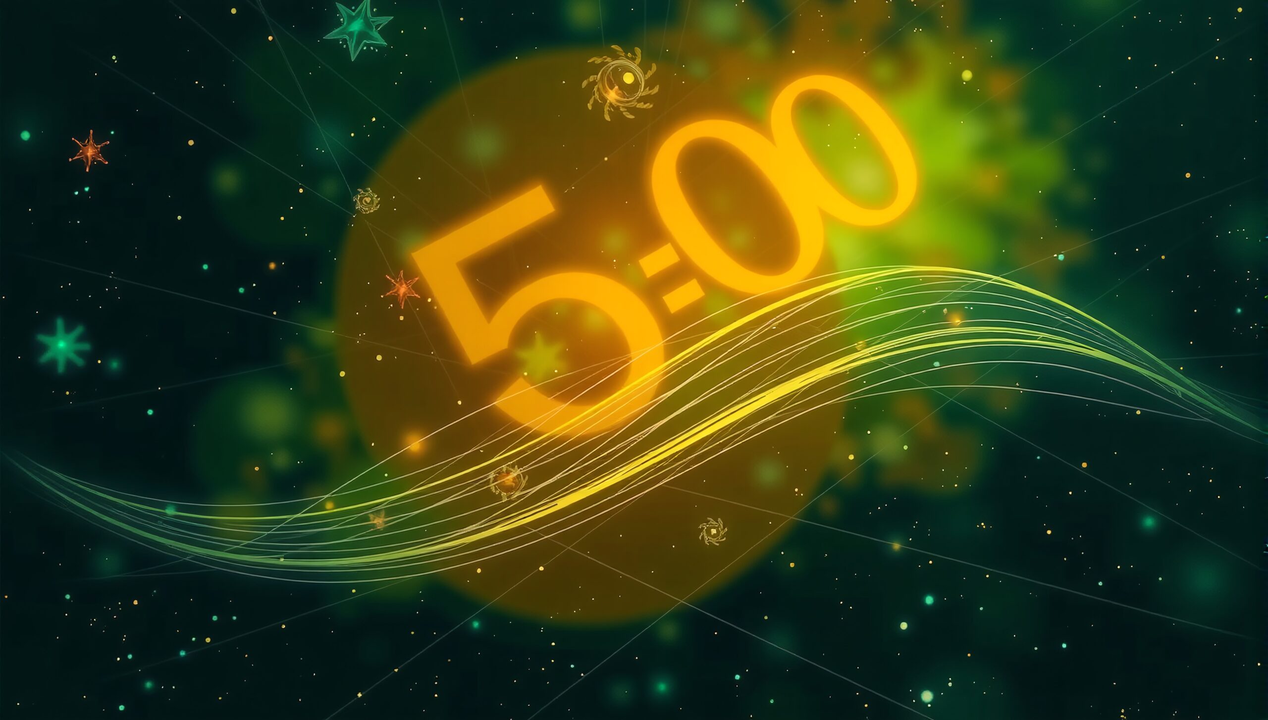 Abstract image with "5:00" in glowing orange against a starry green background with flowing yellow and green lines.