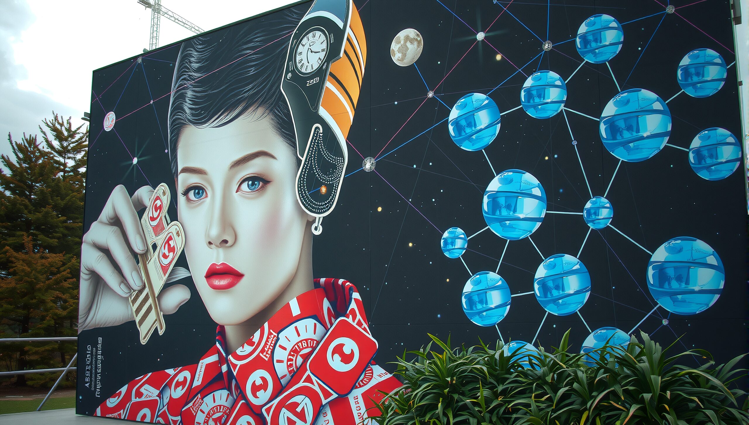 Colorful mural of futuristic woman with cosmic elements.