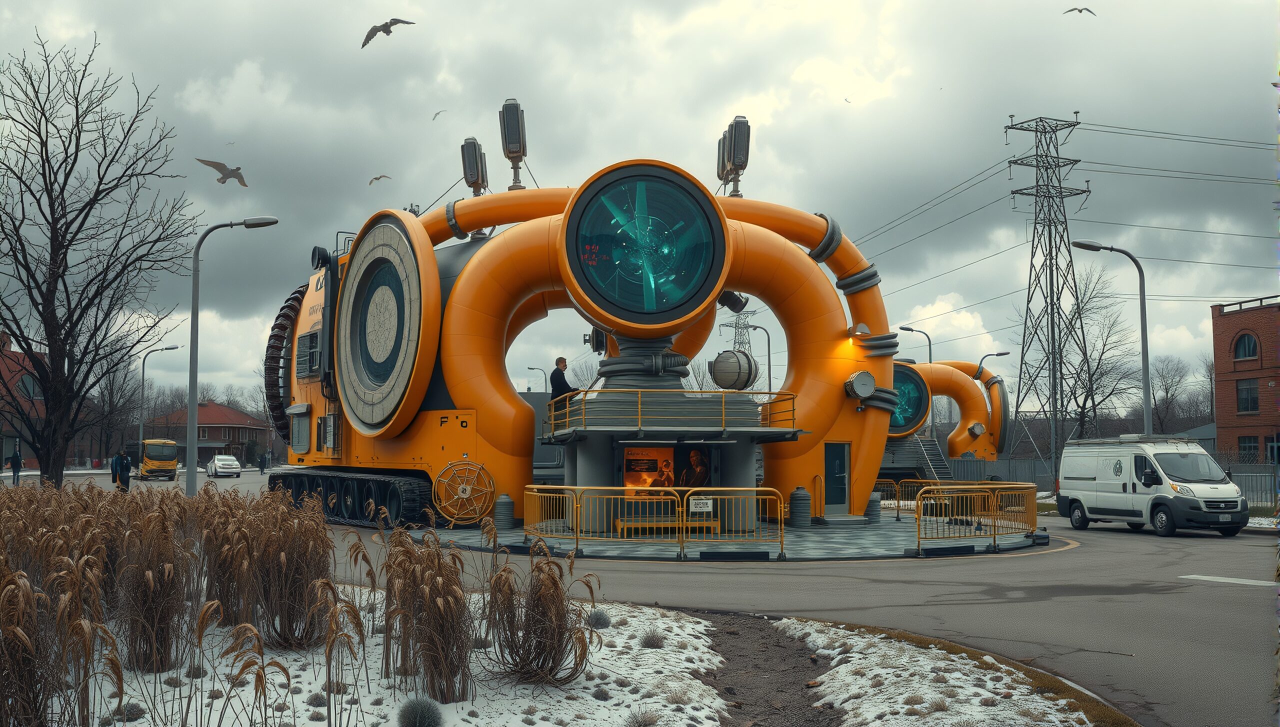 A futuristic orange industrial machine in a snowy urban setting with digital displays and surrounding trees.