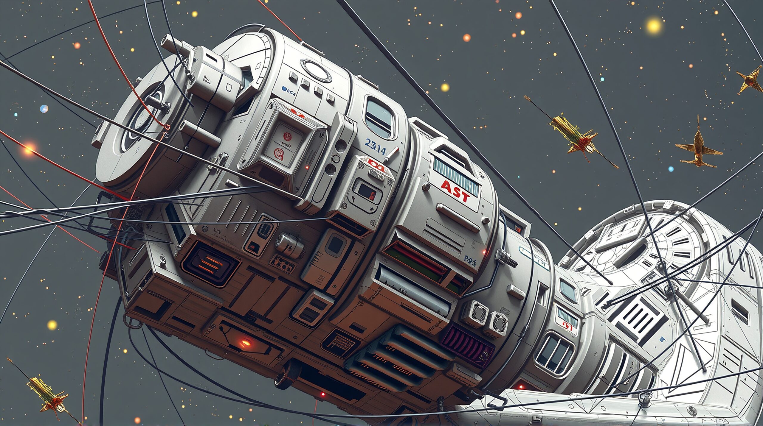 A detailed space station with intersecting wires in a starry expanse, showcasing futuristic technology and exploration.