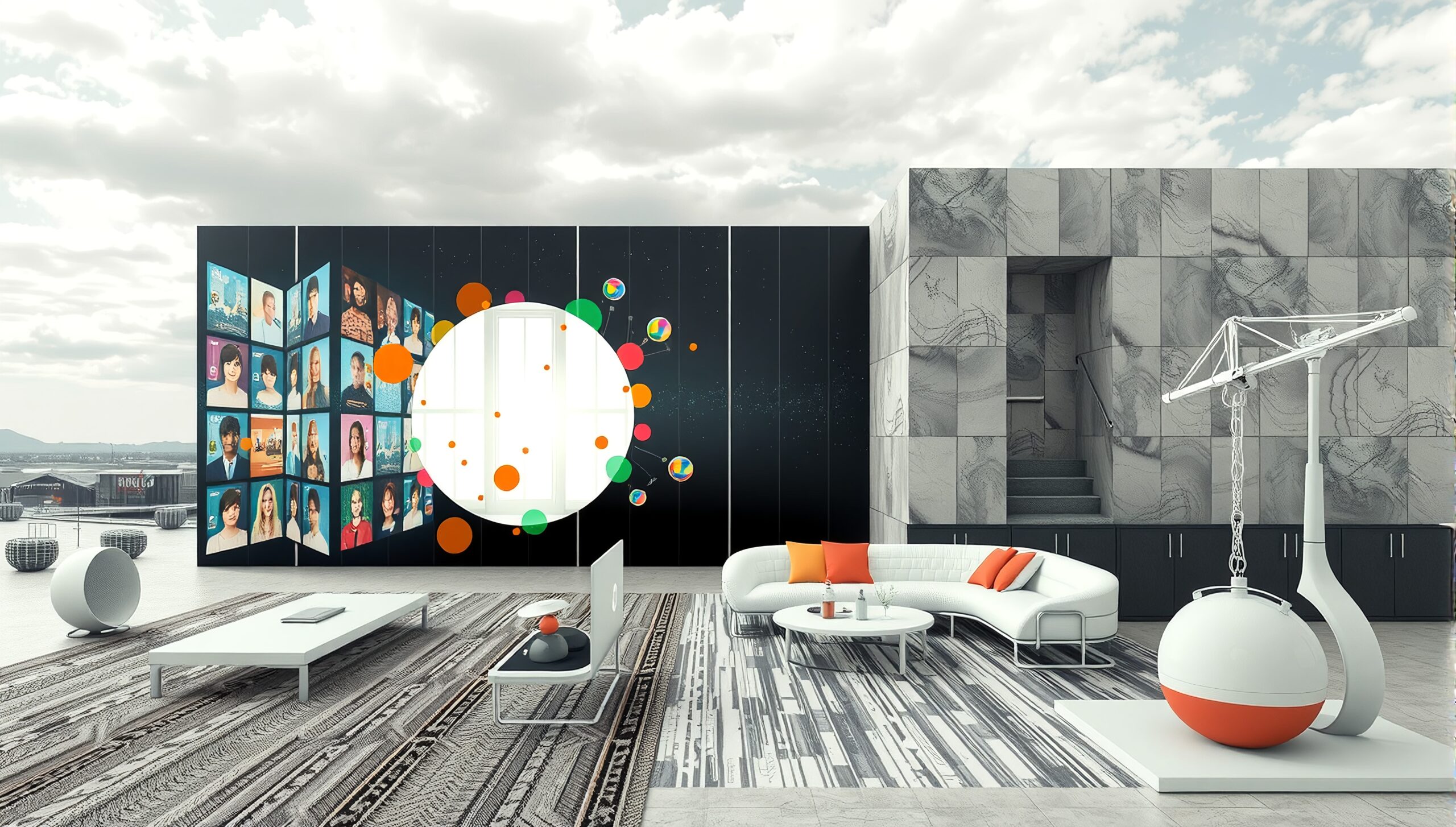 Futuristic rooftop lounge with modern digital art and contemporary seating.