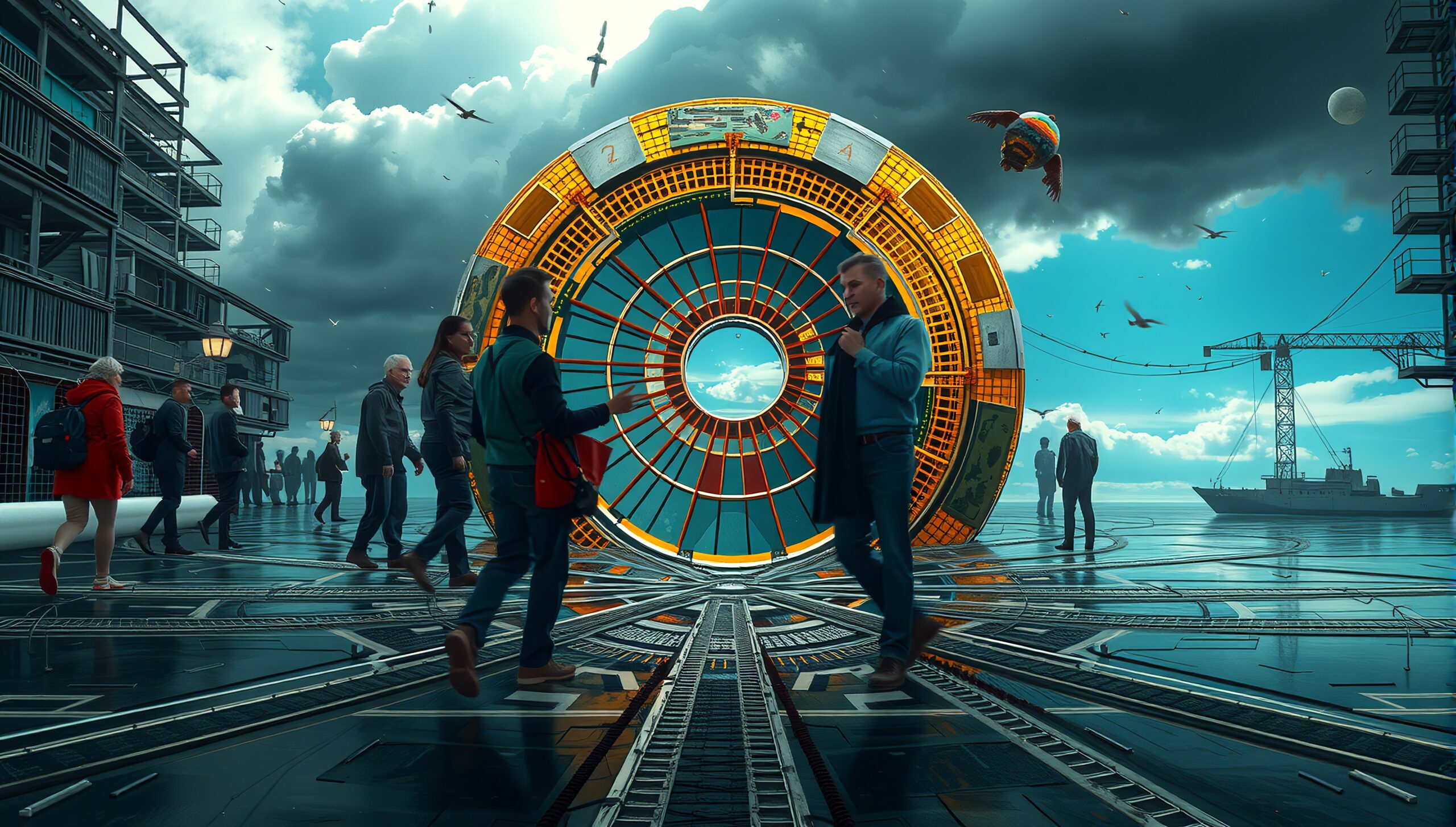 Futuristic urban scene with a large illuminated portal structure, people, and industrial backdrop featuring a ship and cranes.