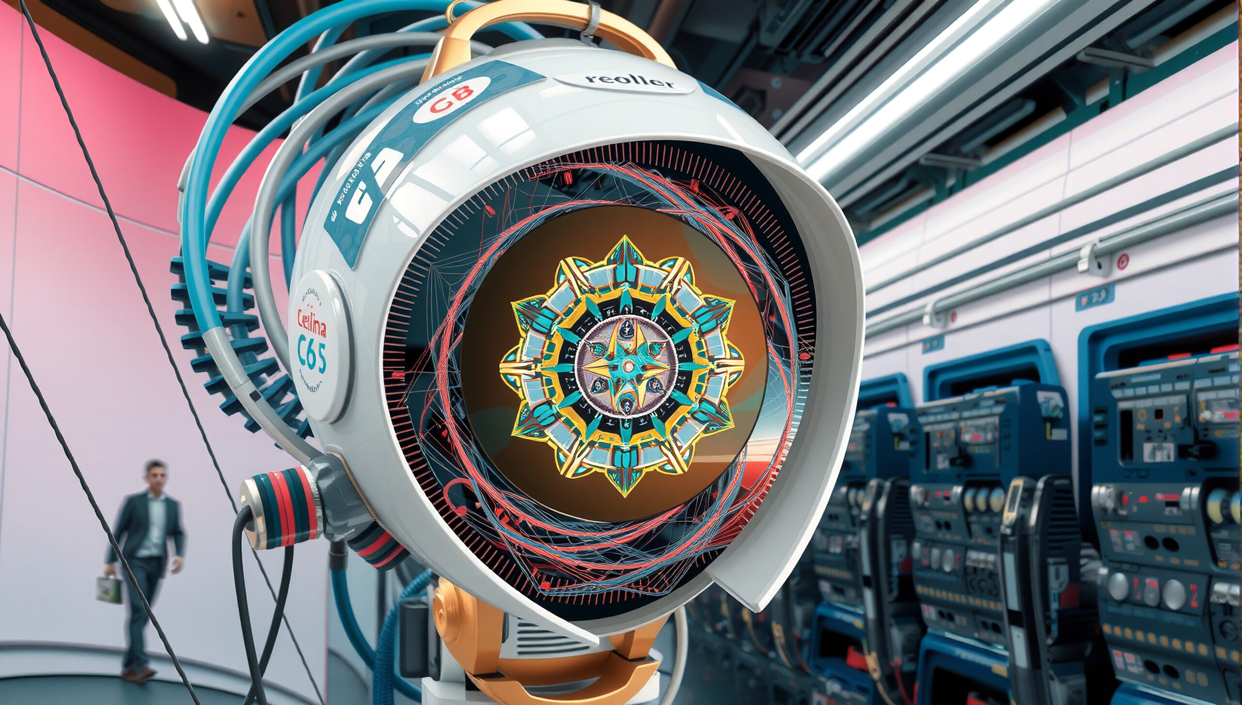 Futuristic machine with mandala design in modern lab.