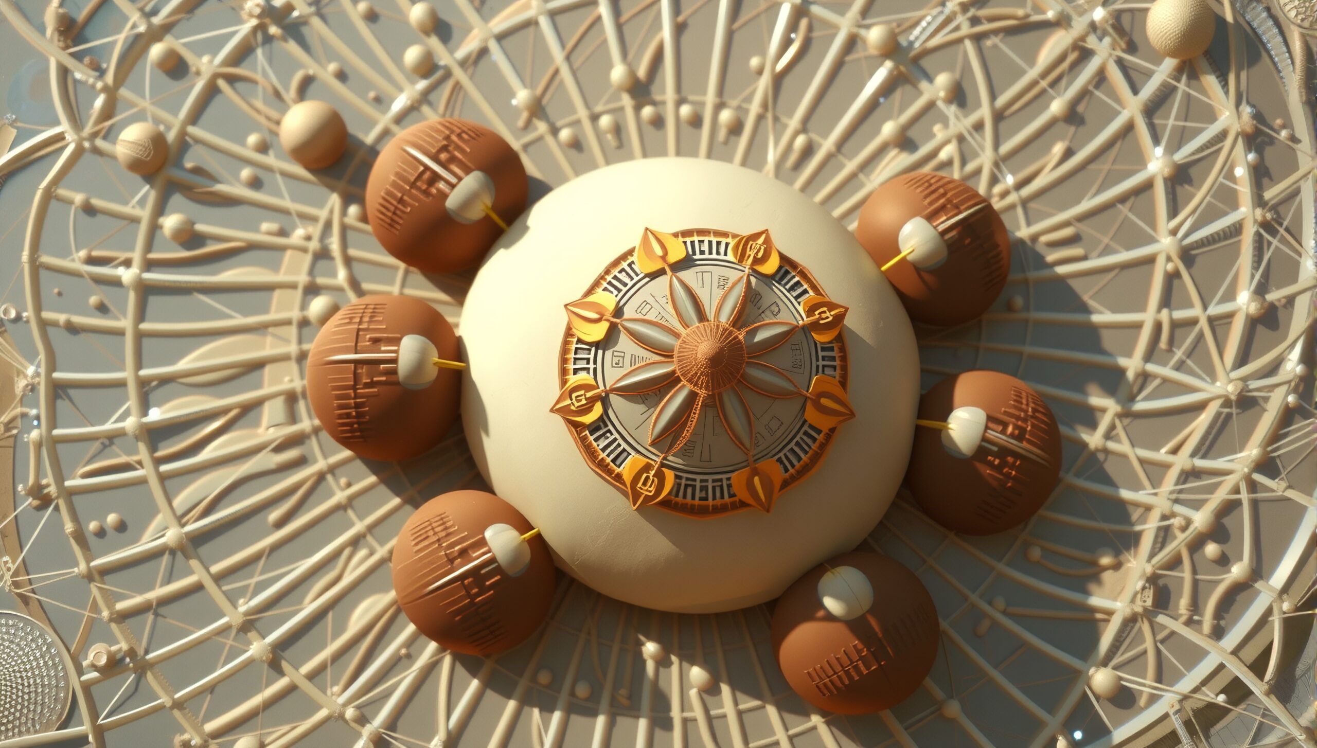 A central sphere with intricate, geometrical patterns surrounded by smaller orb shapes in an abstract design.