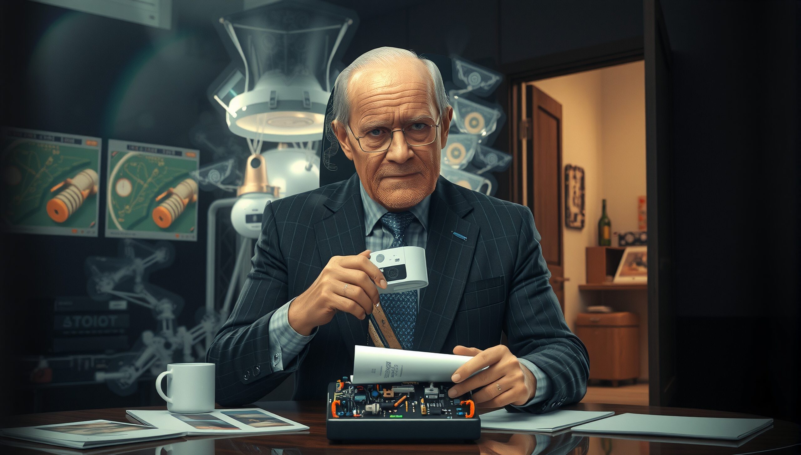 An older man in a suit examines electronic components in a high-tech office setting.