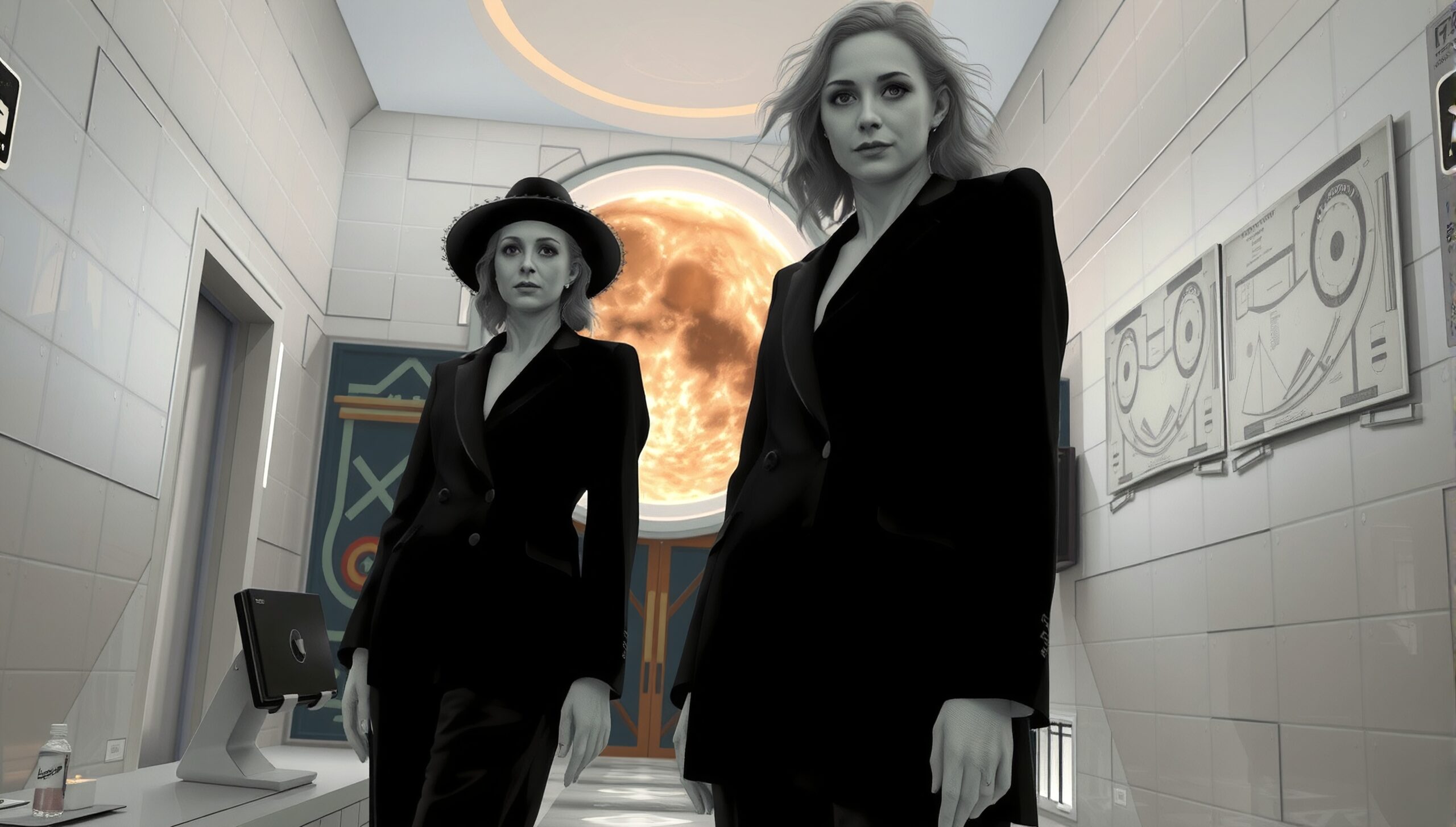 Two women in a modern hallway, elegantly dressed in black suits with a sun artwork behind them, creating a warm contrast in a futuristic setting.